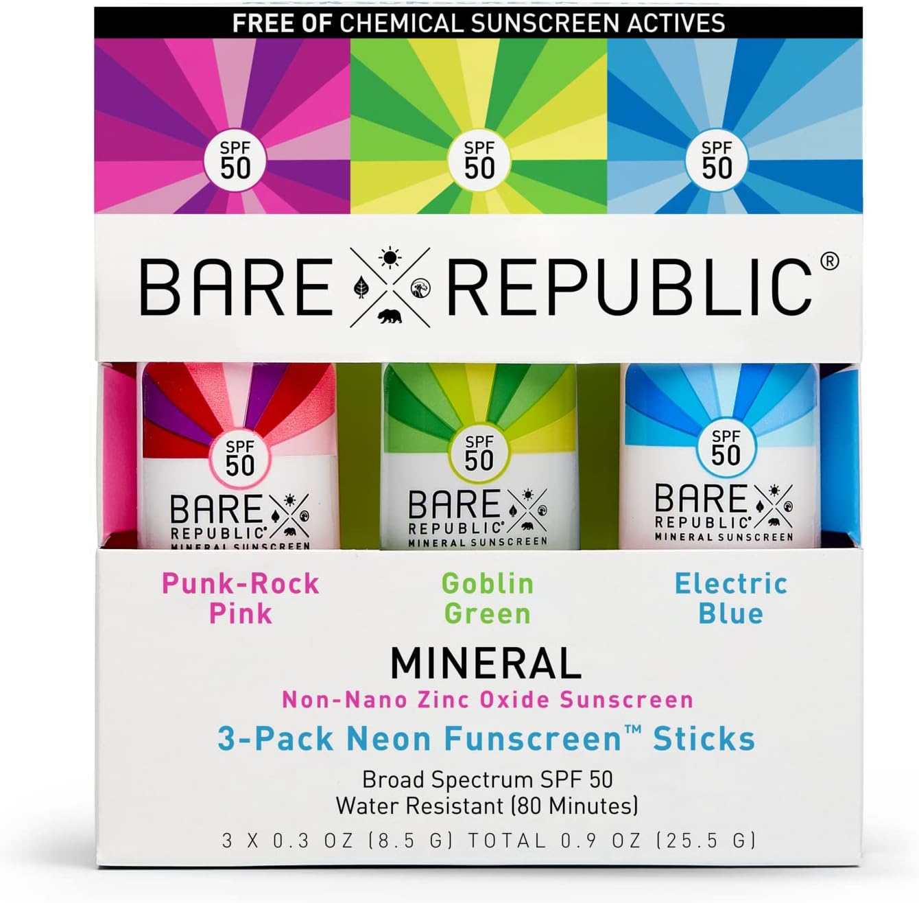 Bare Republic Neon Mineral Funscreen Sunscreen SPF 50 and Sunblock Sticks, Great for Concerts, Beach Days, and Kids, Variety Pack, 0.3 Oz Each, Packaging May Vary