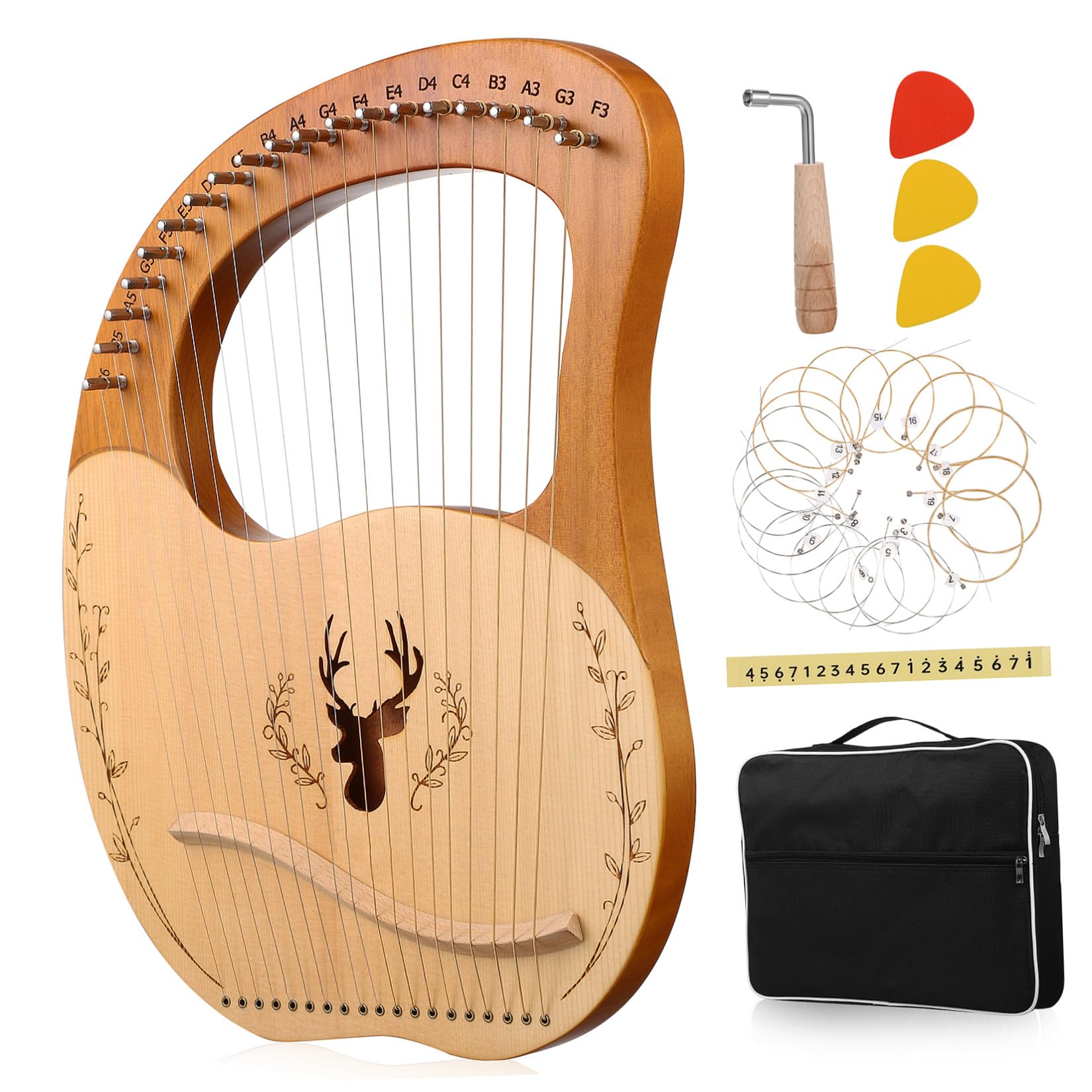 Set di Lira Portatile e Borsa in Poliestere Chiave di Accordatura in Legno con 19 Corde Metalliche con Effetto Fischio Continuo Strumento Musicale per Principianti