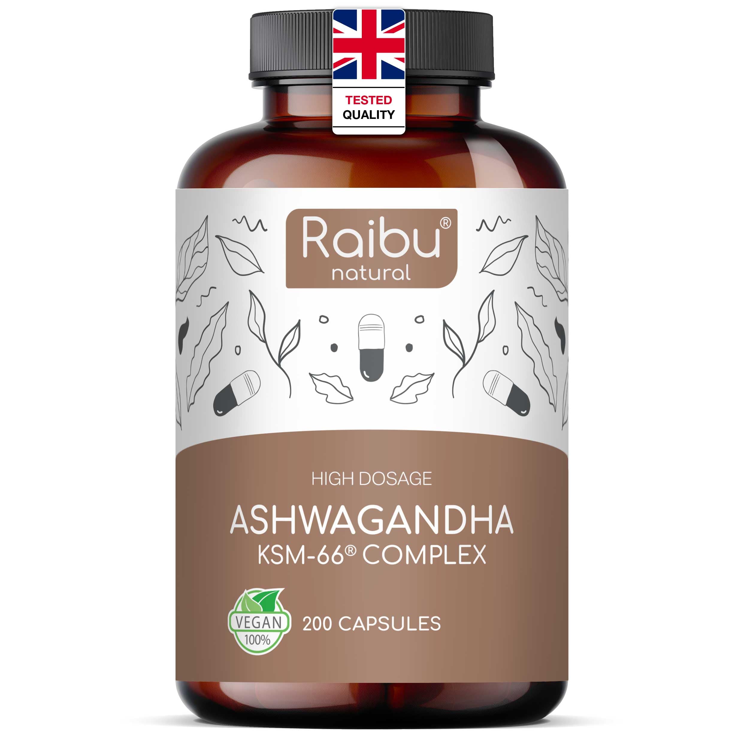 Ashwagandha High Strength Ashwagandha KSM-66-200 Capsules, 7% High Withanolide Content, 1334 mg per Daily Dose I Vegan, Natural, Laboratory Tested, Raibu