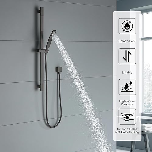 Miniatura 2 de Ducha de mano negra mate con barra deslizante, cabezal de ducha cuadrado de alta presión con rociador de mano de 29 pulgadas, barra deslizante de