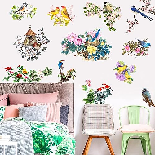 Miniatura 5 de Calcomanías de pared de pájaros en ramas de árbol, pájaros cardenales, flores, calcomanías de pared para primavera y verano, decoración de pájaros