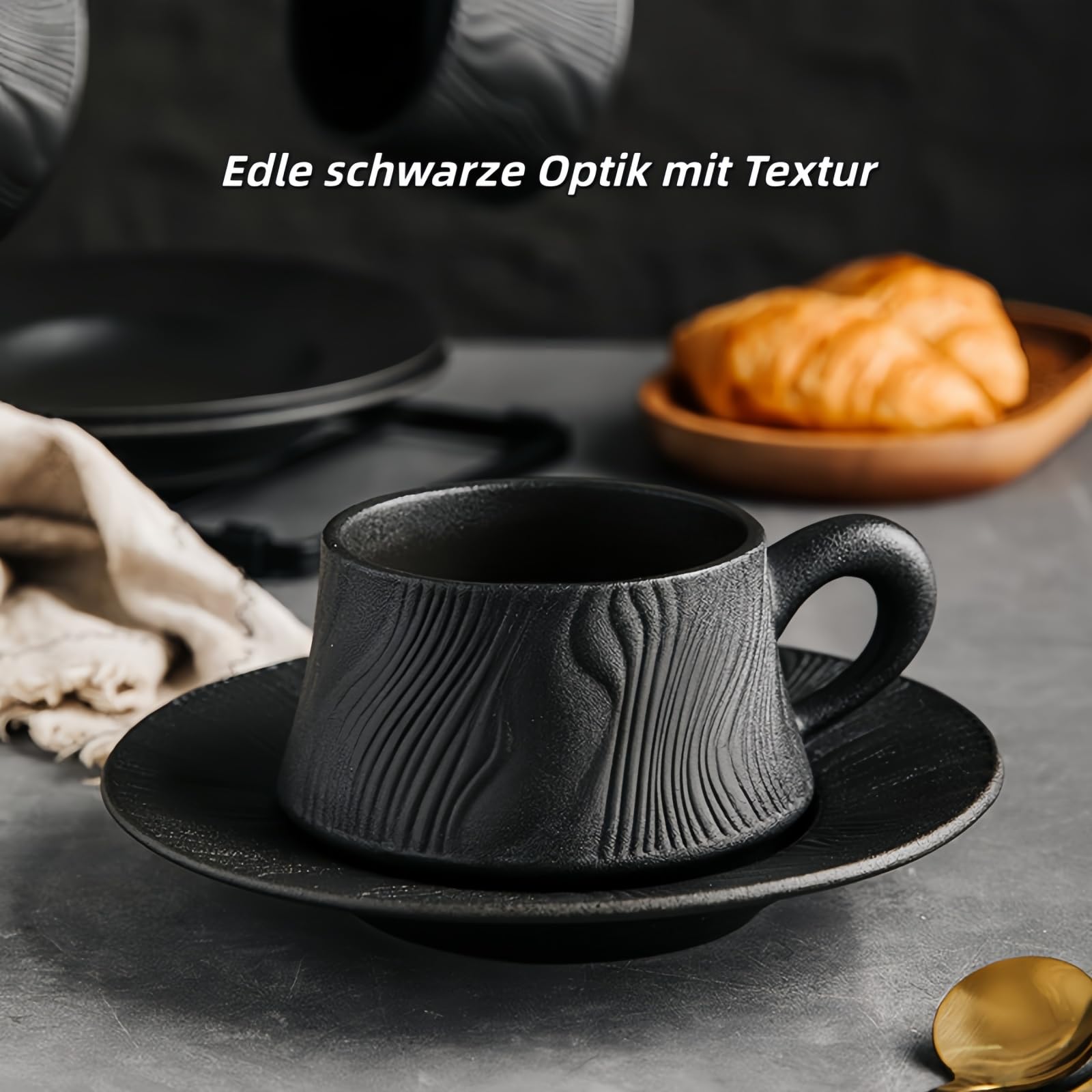 Edles Kaffeeset aus Keramik, matt mit Wasserwellen-Muster, inkl. goldfarbenem Löffel – 250ml Tasse mit Unterteller, für Kaffee & Tee, 2 Farben (Matt Schwarz - 4er Set)