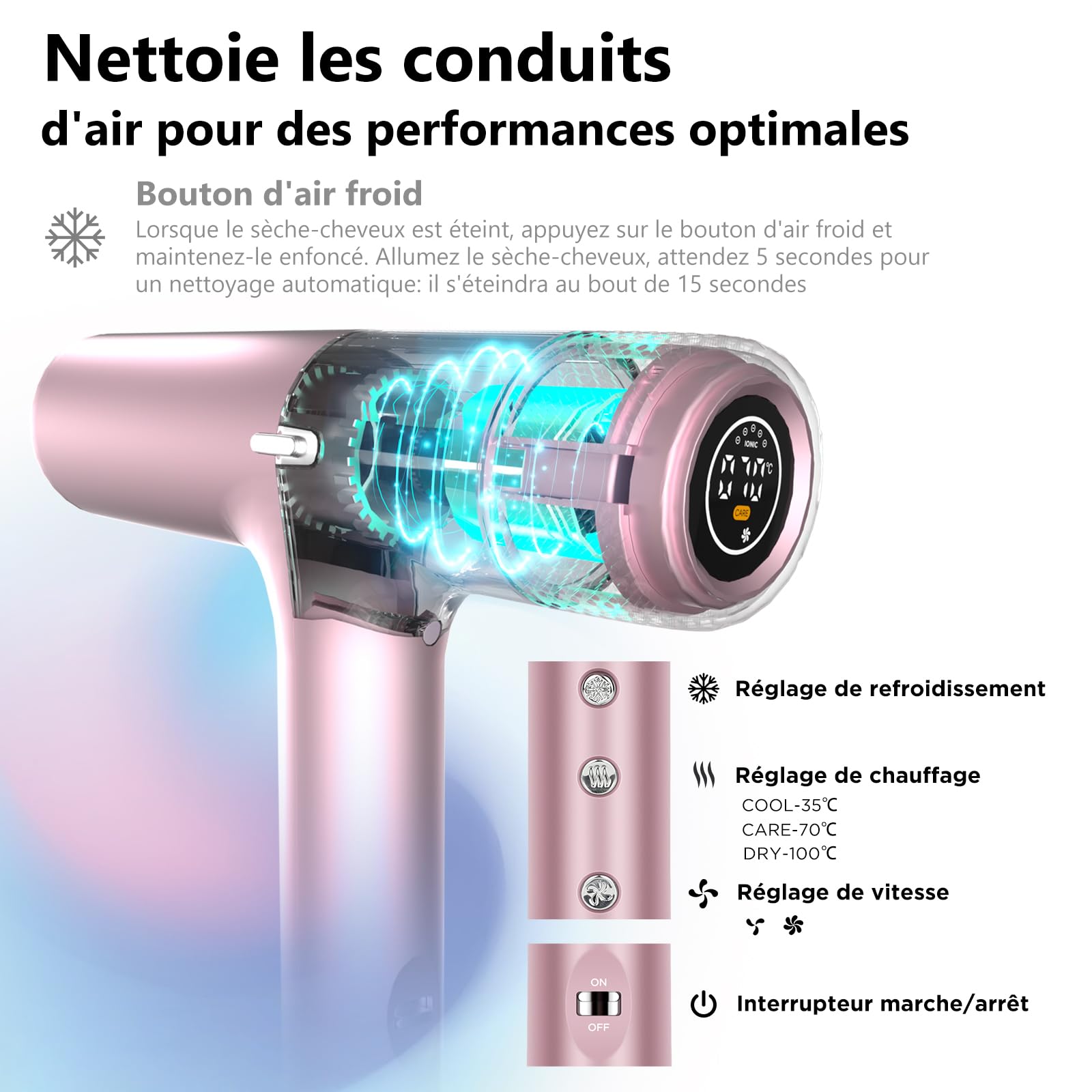 PARWIN PRO BEAUTY Sèche-cheveux ionique unique moteur sans balais de 110 000 tr/min à faible bruit microfiltre innovant diffuseur magnétique écran LCD pour la maison le salon et les voyages (Rose)