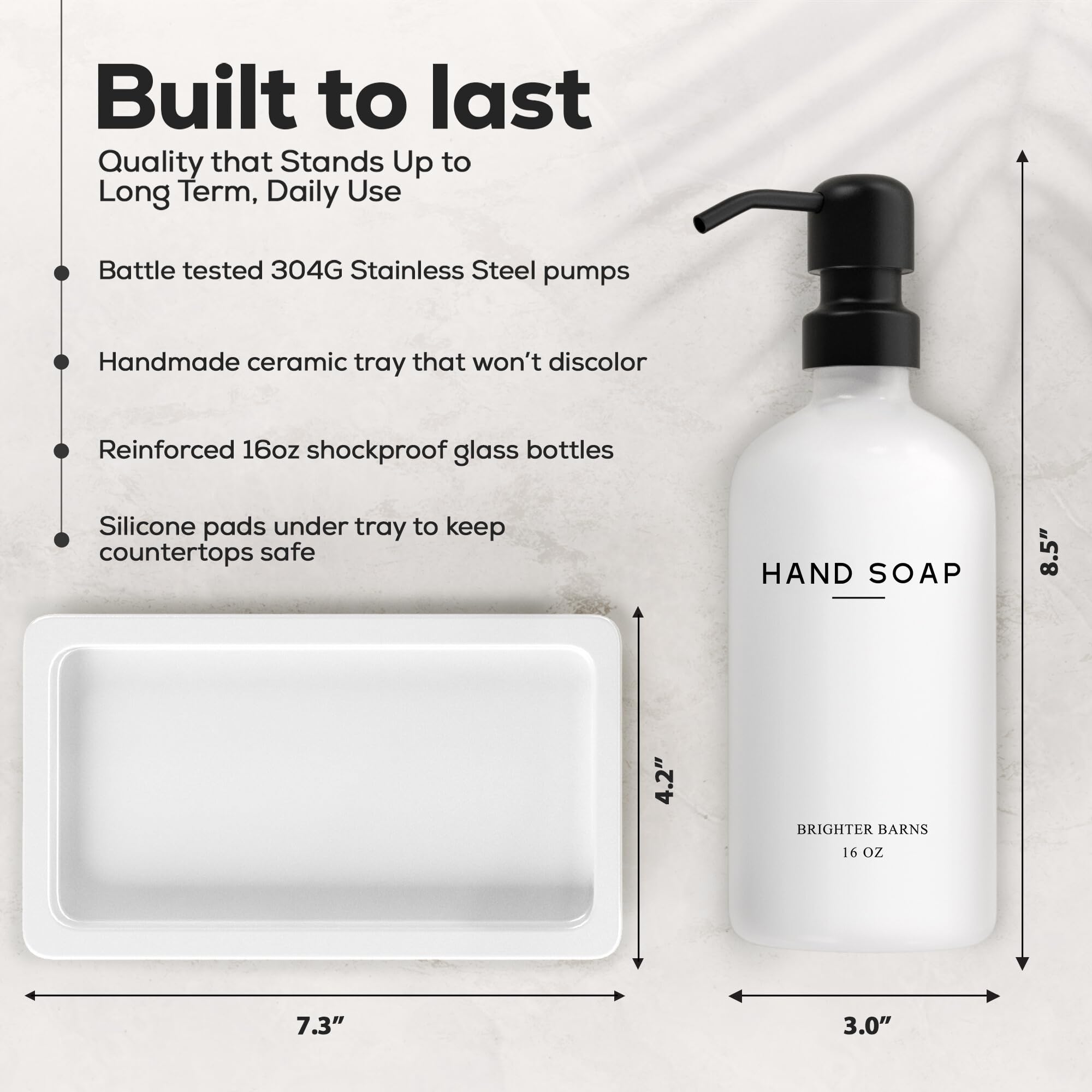 Brighter Barns White Glass Soap & Lotion Dispenser Set including Tray, Stainless Steel Pump for Home or Vacation Rental - Image 2