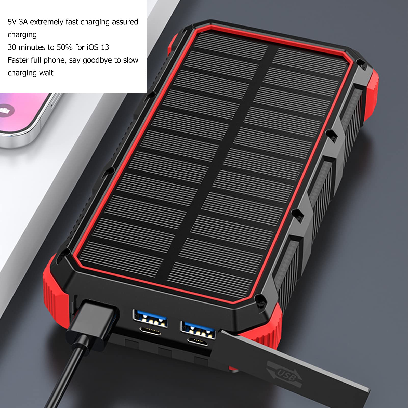 Wakects Banque d'énergie Solaire, Chargeur Solaire Portable ABS 36800 MAh 5 V 3 A avec 3 Sorties USB, Charge sans Fil et Double Lumière LED pour Camping, Voyage, Utilisation en Extérieur (Rouge)