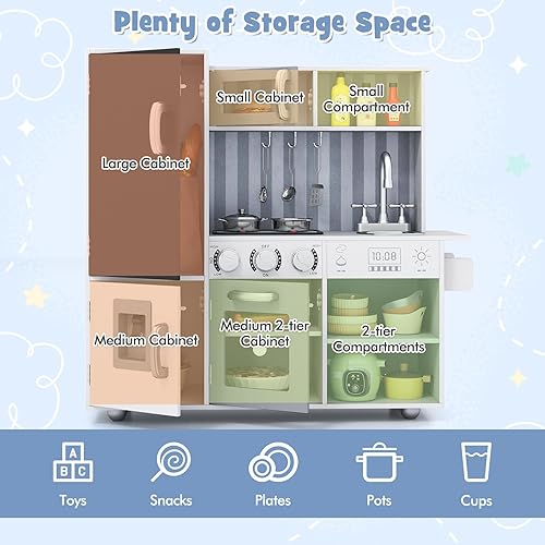 Miniatura 5 de HONEY JOY Juego de cocina para niños, juego de cocina de madera con pizarra y dispensador de agua, estufa iluminada, armario de almacenamiento,