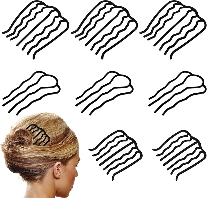 8 Piece U-Shape Hair Combs for Women's French Twist Updo and Bun Vintage Styling (Black) | Metal U-Shaped Hair Fork Clip Teeth Set, Secure Hold Hair Accessories for Women Girls Vintage Styling