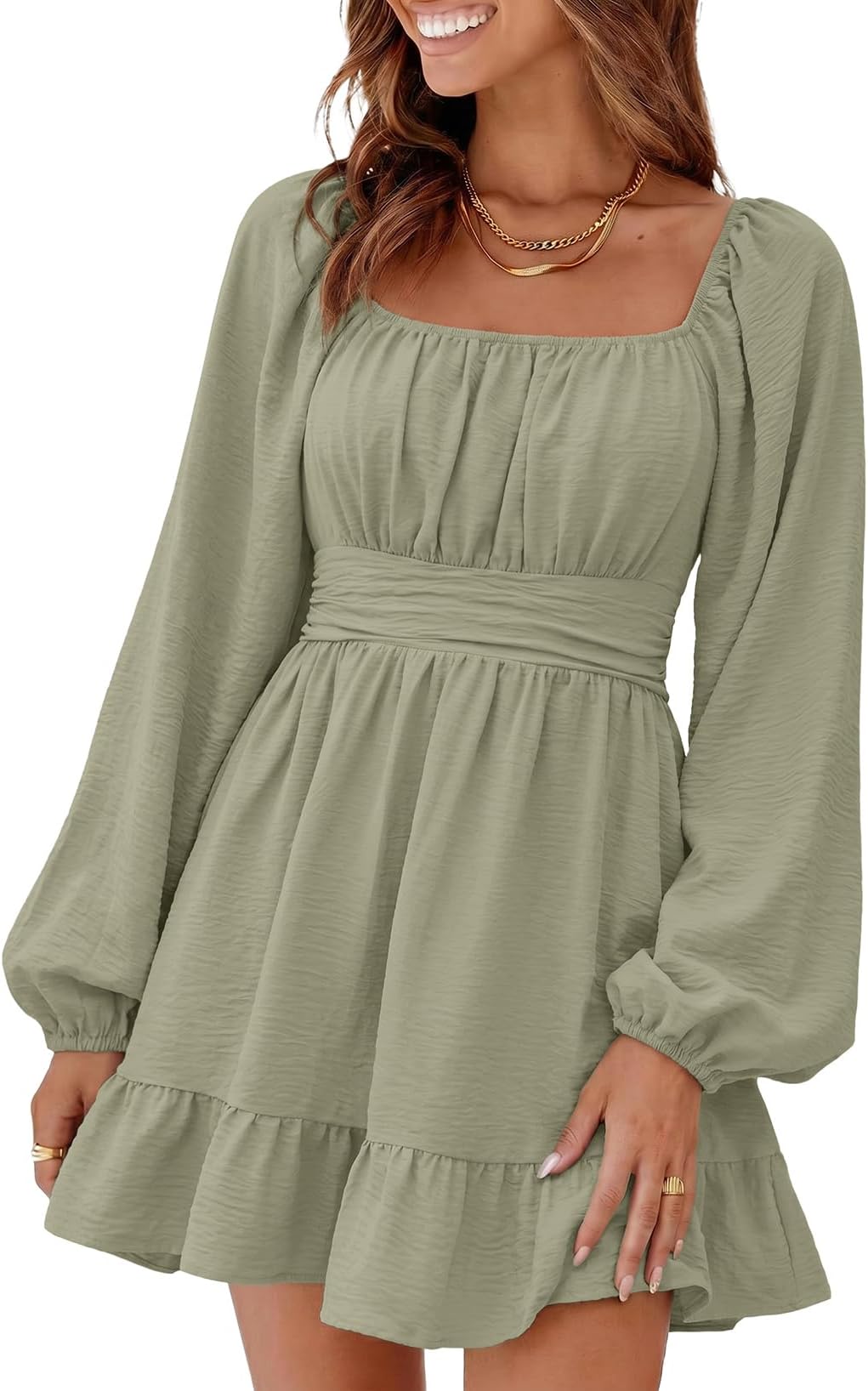 Womens Dress Lantern Sleeve Elastic Waist Tie Backless Mini Dress
