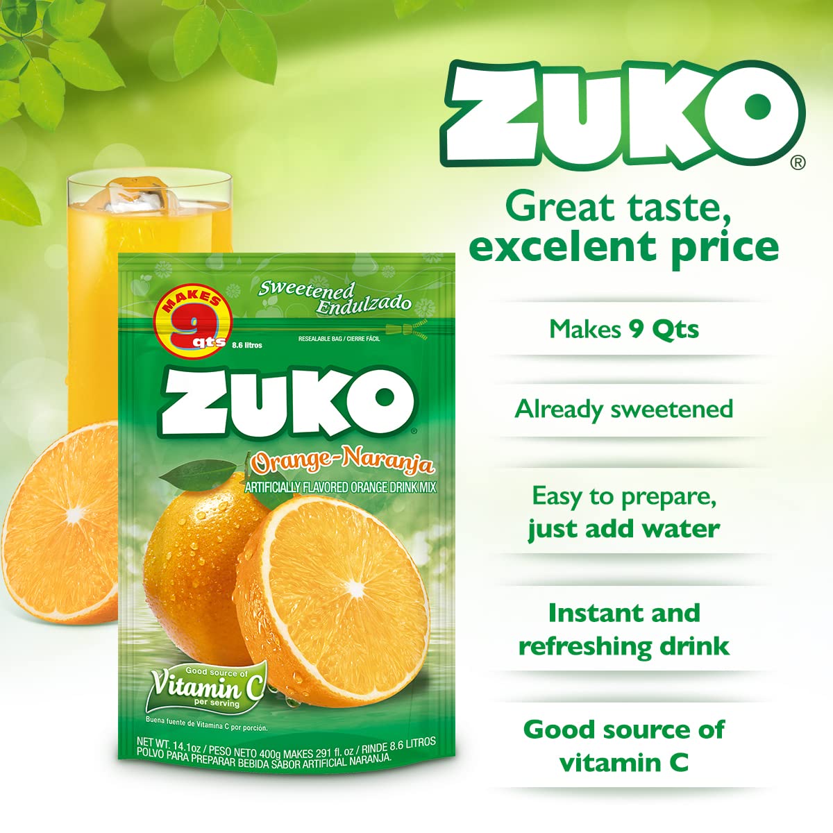 Zuko Orange Instant Powder Drink Family Pack, 14.1 oz, Pack of 6