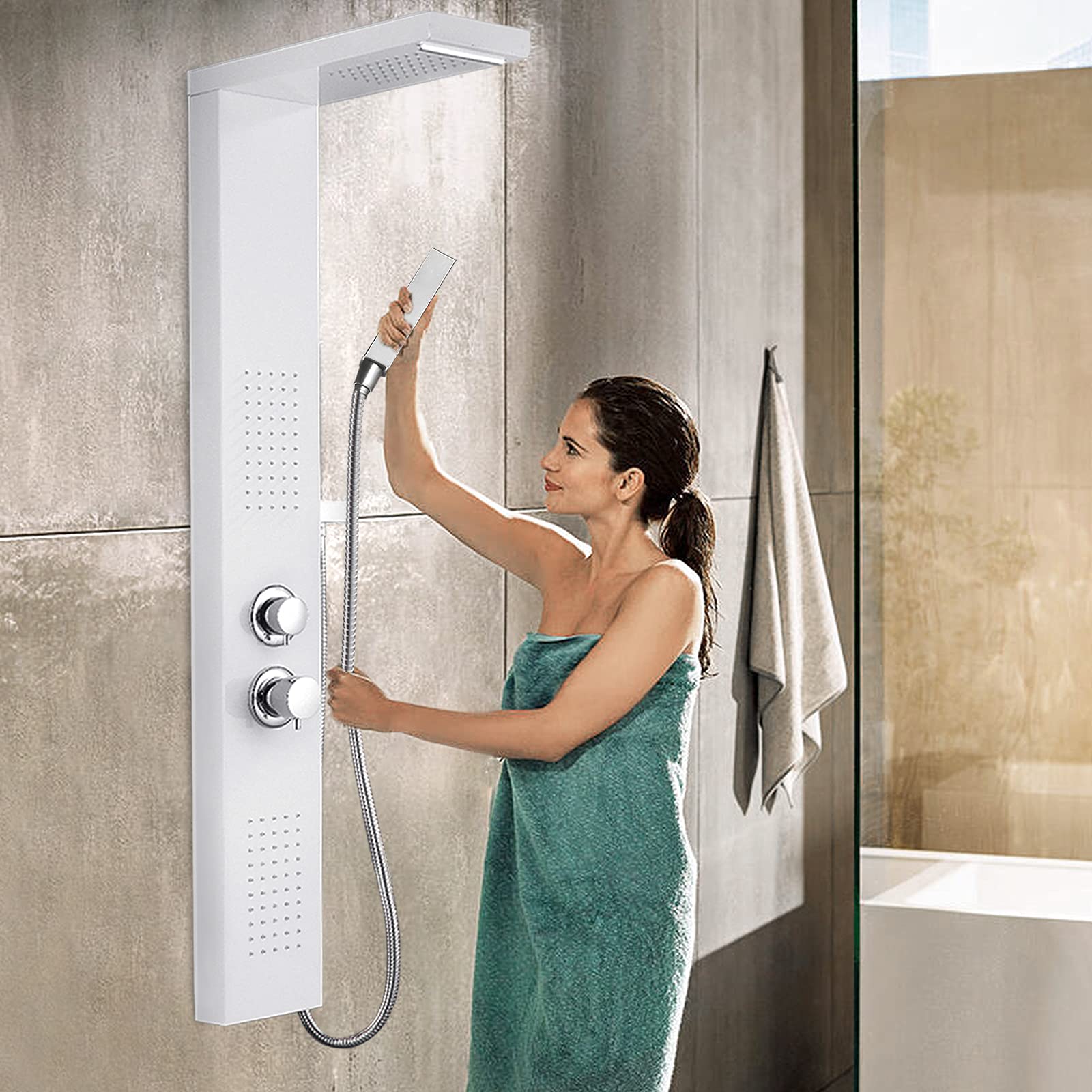 Froadp Regendusche System Edelstahl Gebürstet Duschpaneel Wandmontage Duschset mit Massagedusche Wasserfalldusche und Duschgarnitur Handbrause Luxus Duscharmatur Set für Bad(Weiß Matt)