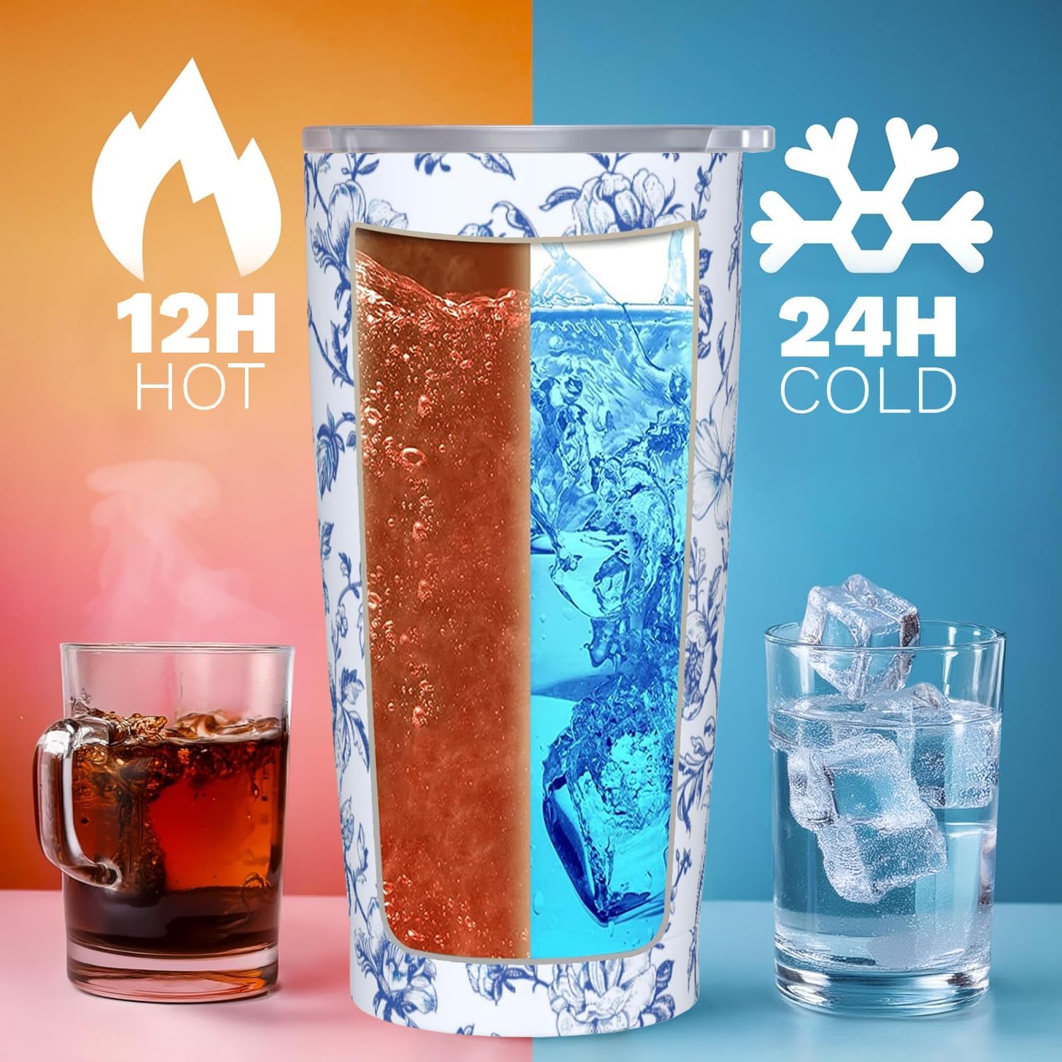 Blue and White Tumbler 20 OZ with Lid and Straw, Insulated Tumbler Cup Mug, Floral Gifts for Men Women - Image 3