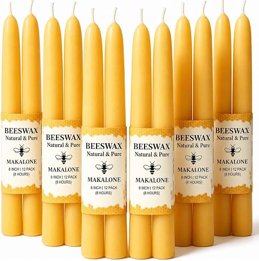 Beeswax Taper Candles,Pure Bees Wax Candle Sticks,8 Inch,12 Pack,Non-Toxic | 100% natural,8 H long clean burning, unscented,smokeless tapered candlesticks for home,dinner,table,prayer,wedding,churche (ASIN B0D5HNFKVC), rank #6 by monthly sales volume for 'Beeswax Candles' on Amazon