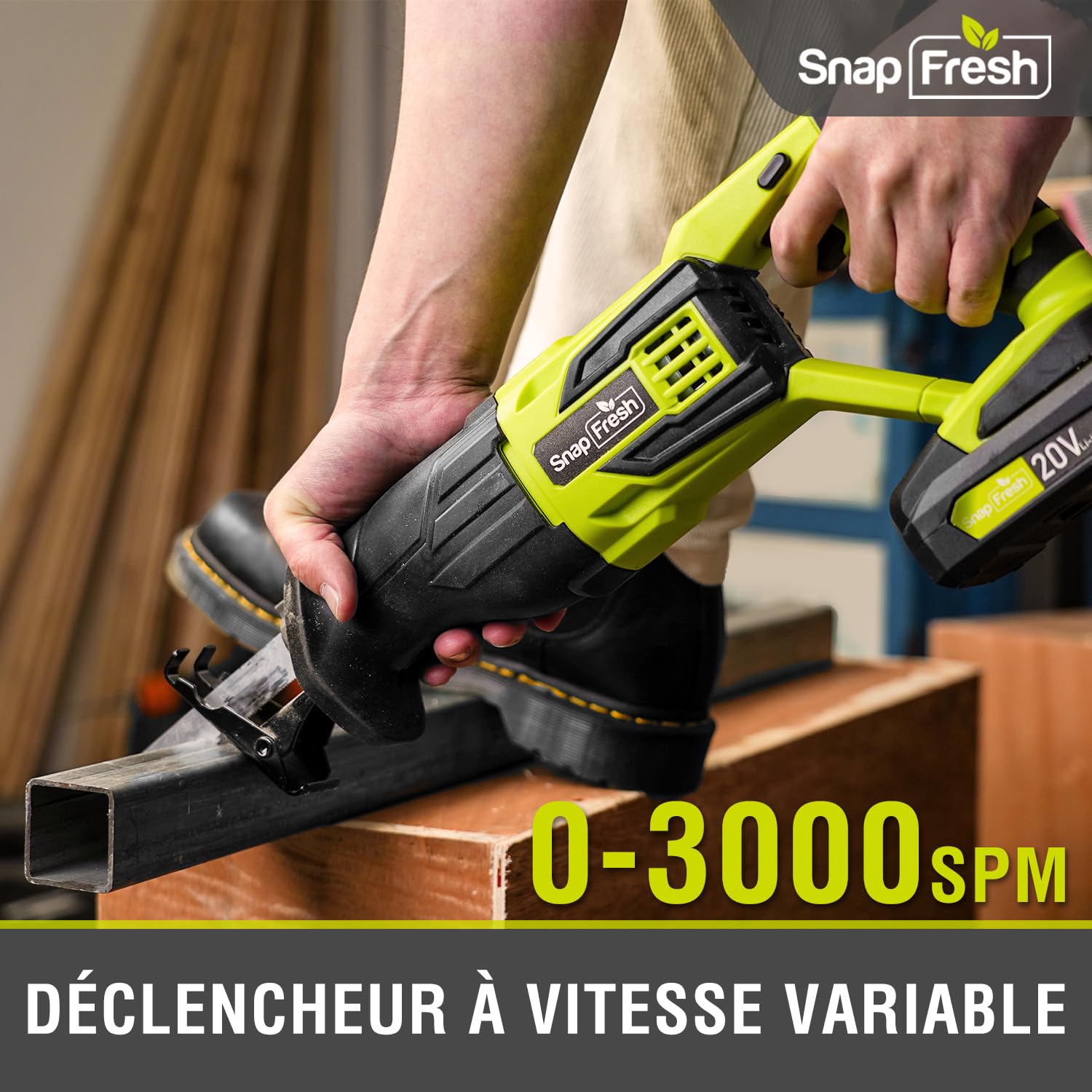 SnapFresh Scie Sabre Sans Fil 20V – Légère 1,55kg – 3000 SPM, Course 25 mm, Changement de Lame Sans Outil – Idéale pour la Rénovation, Démolition & Bricolage – Coupe Bois, Métal & PVC – Batterie 2,0Ah