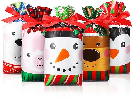 Funrous 50 bolsas de dulces de Navidad a granel, bolsas de plástico con cordón de regalo, alce, muñeco de nieve, pingüino, bolsas de regalos de