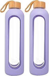 for you Nachhaltige Trinkflasche lila blossom - 2x750ml aus Glas + Silikonhülle - 0,75Liter Auslaufsichere Wasserflasche mit Bambusdeckel - 100% BPA frei - geeignet von -20°C – 150°C