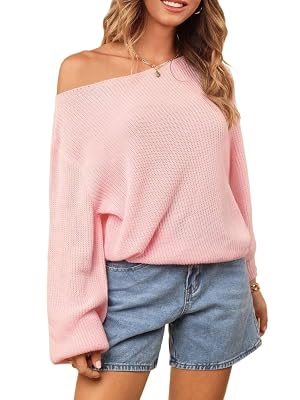 Womens Sweater Solid Color Rib Knit Asymmetrical Neck Casual Pullover Tops for Women