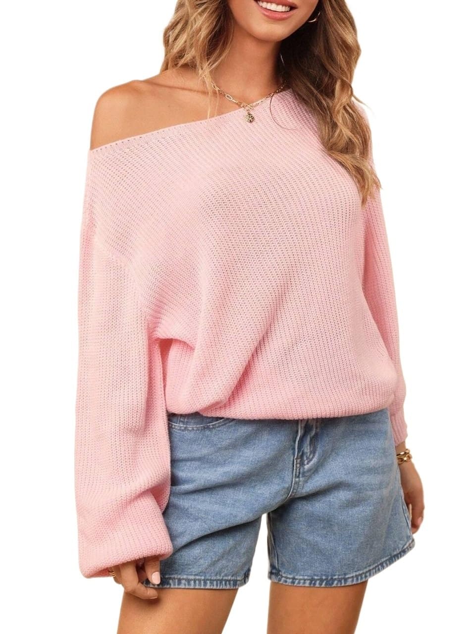 Womens Sweater Solid Color Rib Knit Asymmetrical Neck Casual Pullover Tops for Women