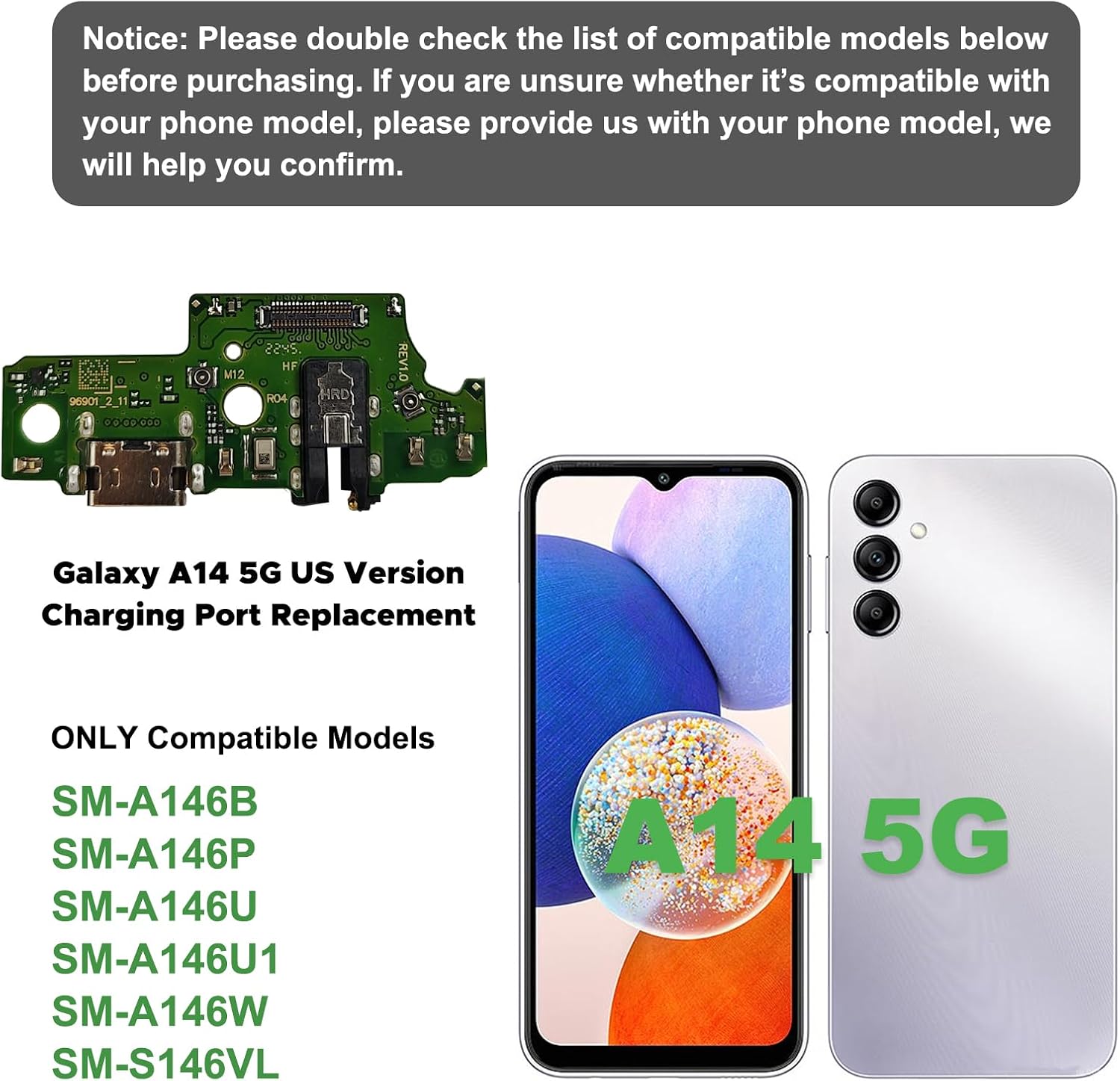 Charging Port Replacement Kit Compatible with Galaxy A14 5G US Version, Dock Board USB-C Connector Only for A14 5G SM-A146U/U1/W/P, with Instruction Manual, Toolkit