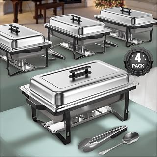 Chafing Dish Buffet Set, 4 Pack 9.5QT Chafing Dish High Grade Stainless Steel Chafer Complete Set, Gray Handle, Kitchen and Dining Utensils (Black, 4)