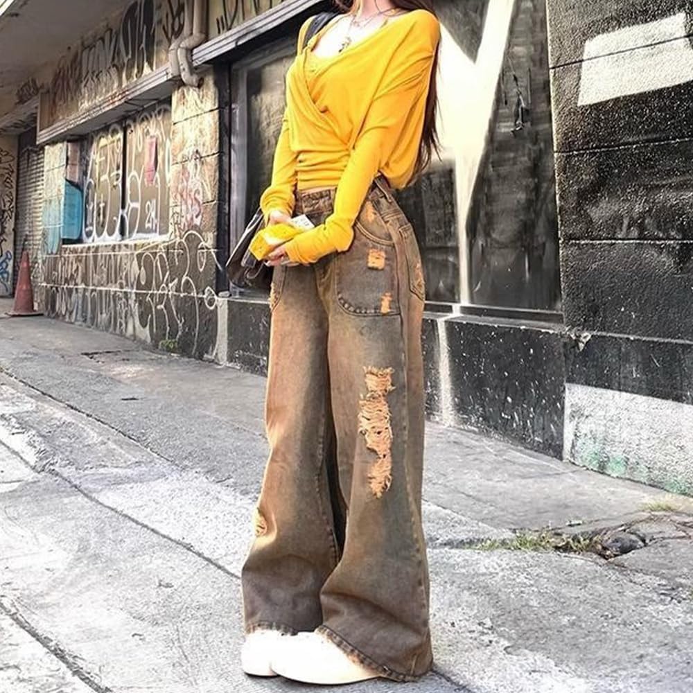 Women's y2k Retro Ripped Jeans, Summer American Casual Style high Waisted Loose Pants with Belt as a Gift - Image 4