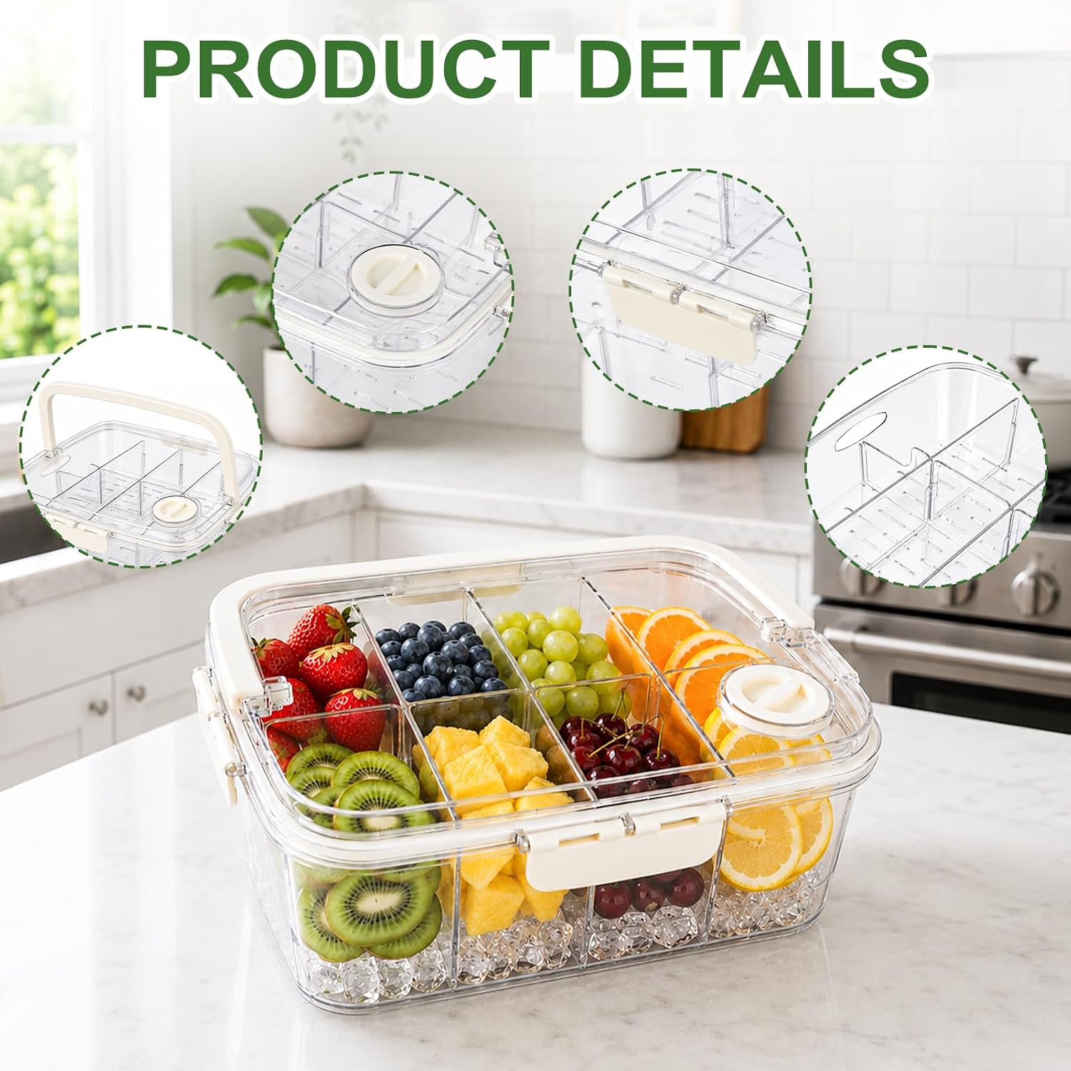 Beach Snack Containers, 8 Compartment Divided Serving Tray with Removable Dividers and Handle, Snackle Box Container for Travel Party Beach Picnic