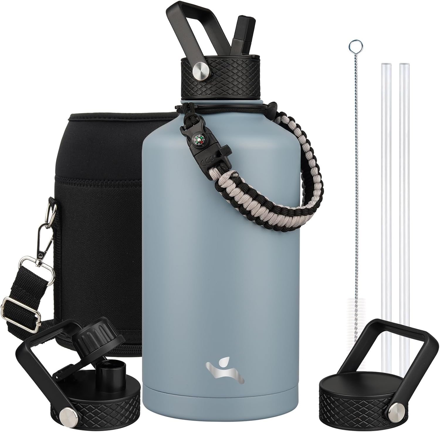 Konokyo Insulated Water Bottle with Straw,87 oz 3 Lids Water Jug with Carrying Bag,Paracord Handle,Double Wall Vacuum Stainless Steel Metal Flask,Storm Blue