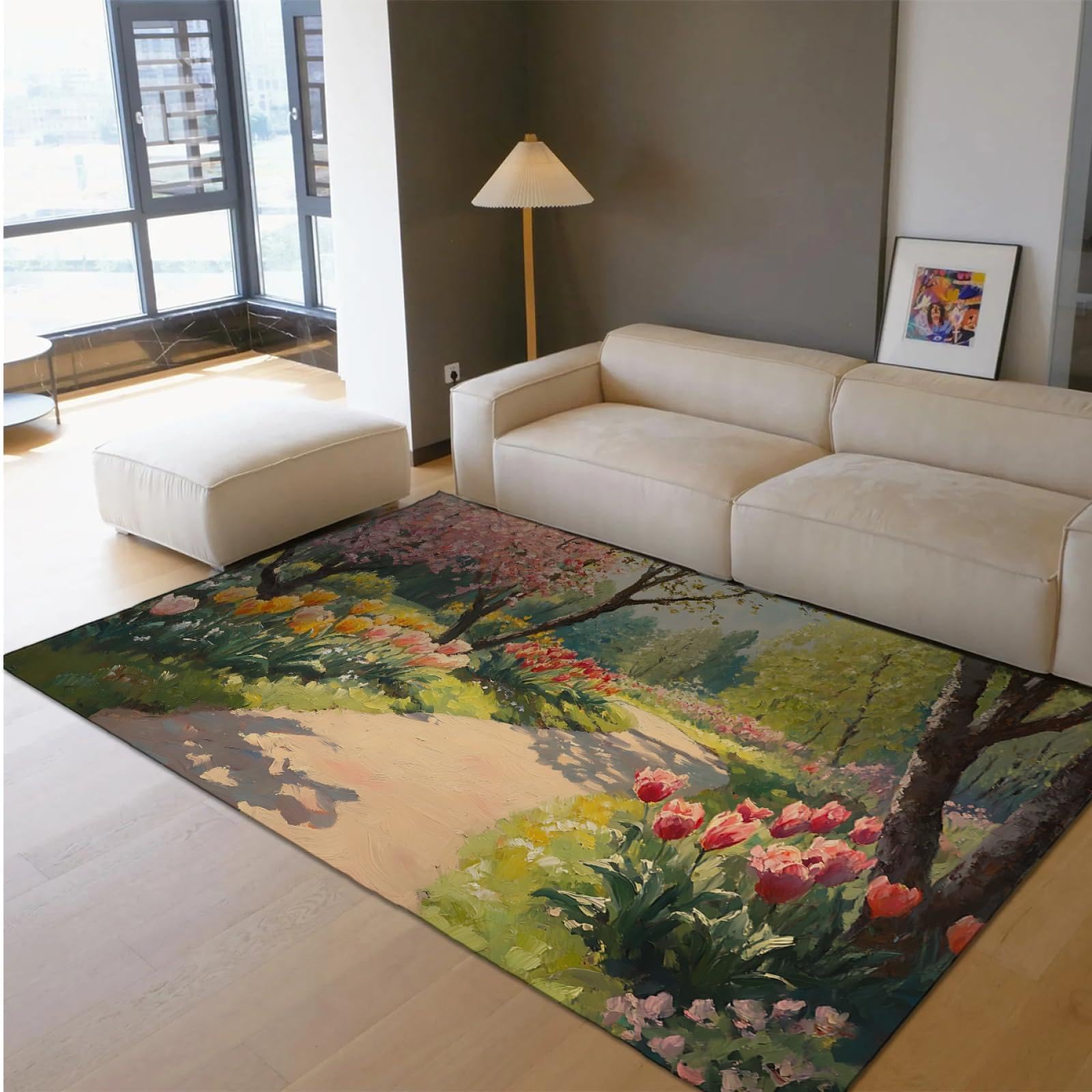 Tapis tulipes style peinture à l'huile floral antidérapant et lavable pour salon 100x150cm
