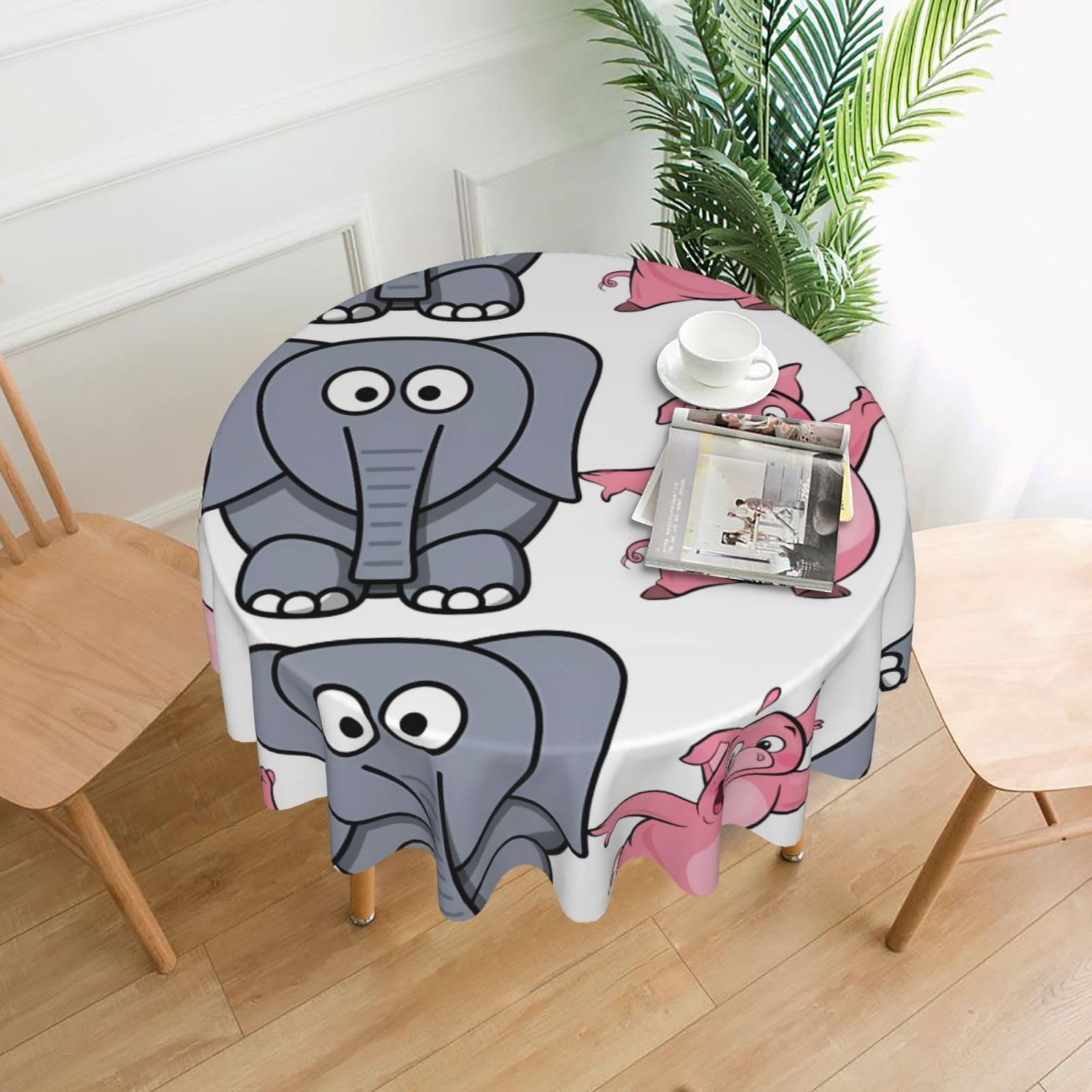 Whjssf Black Elephant And Piggie Prints Round Decorative Tablecloth 60In - High-Grade Polyester Table Throw For Dining & Outdoor Parties