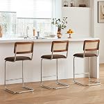 GrandNoor Tabourets de bar modernes de comptoir Brown 3 avec canne à rotin naturelle et dos en bois massif, 24 Revêtement en tissu de bouton de pouce