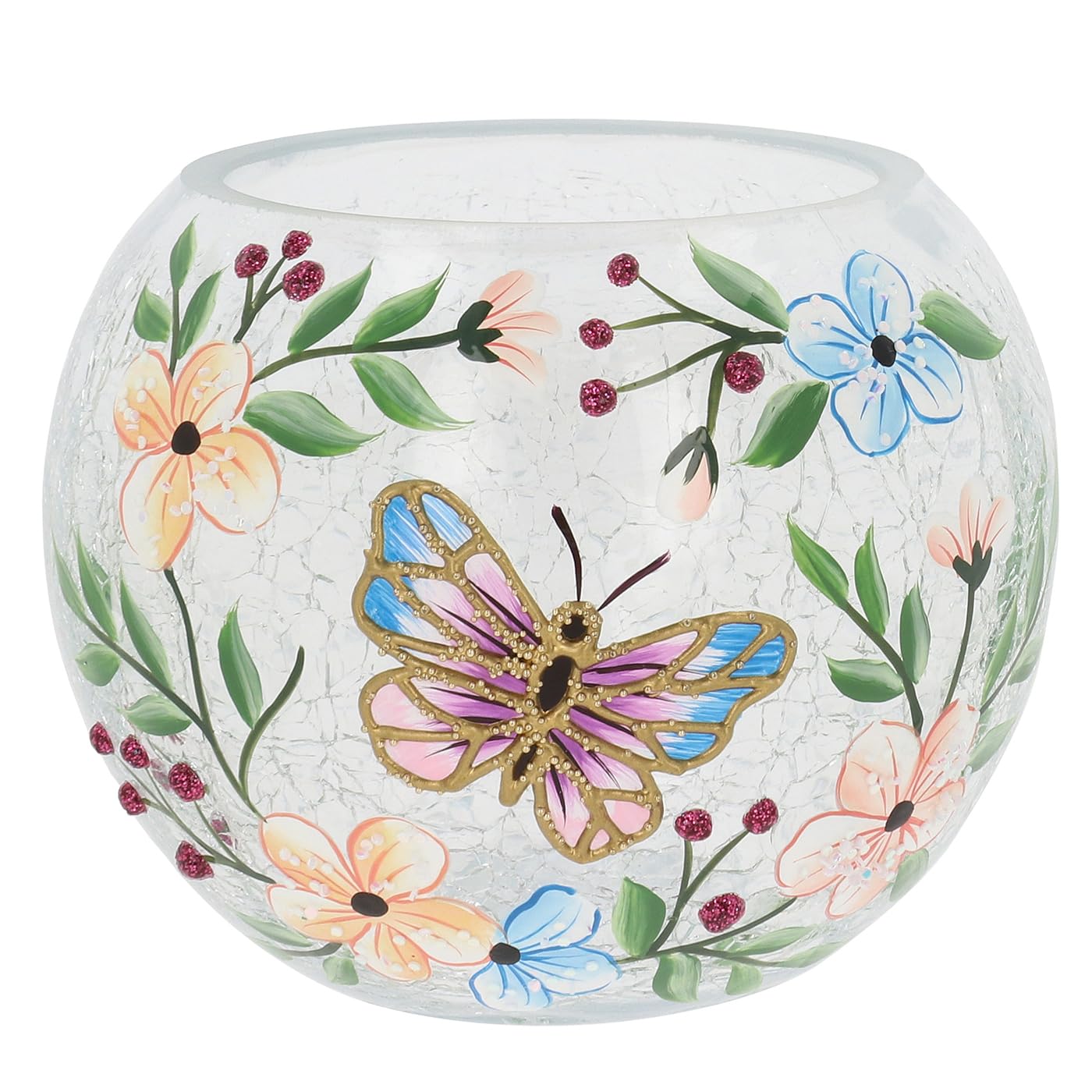 Shudehill Giftware Crackle Glass Butterfly Tealight Holder, Small Ball Candle Decoration with Floral Design