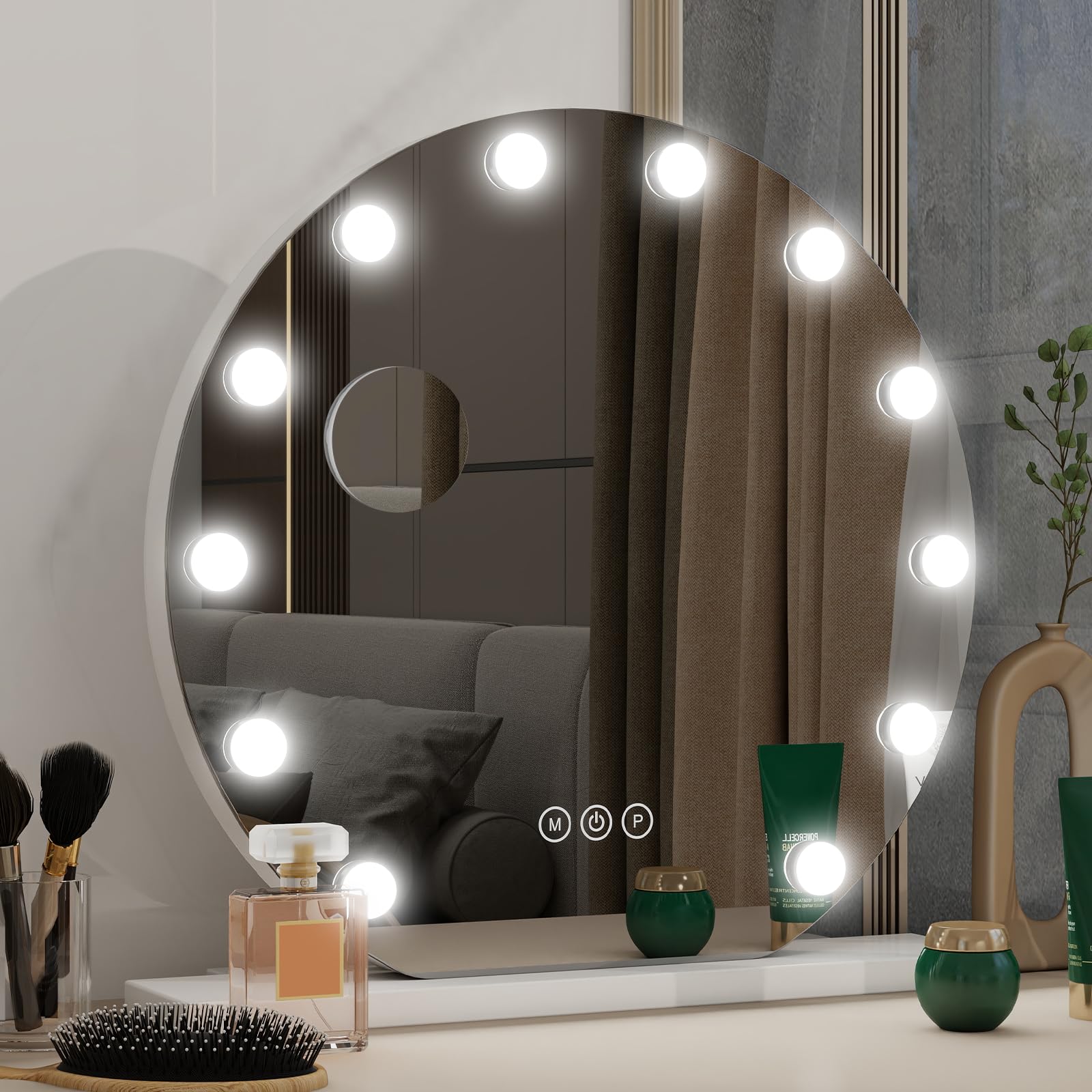 Hollywood Vanity - Specchio cosmetico rotondo con luci, 50 cm, specchio per il trucco con 12 lampadine LED dimmerabili, porta di uscita USB, 3 modalità di illuminazione, da tavolo e da parete