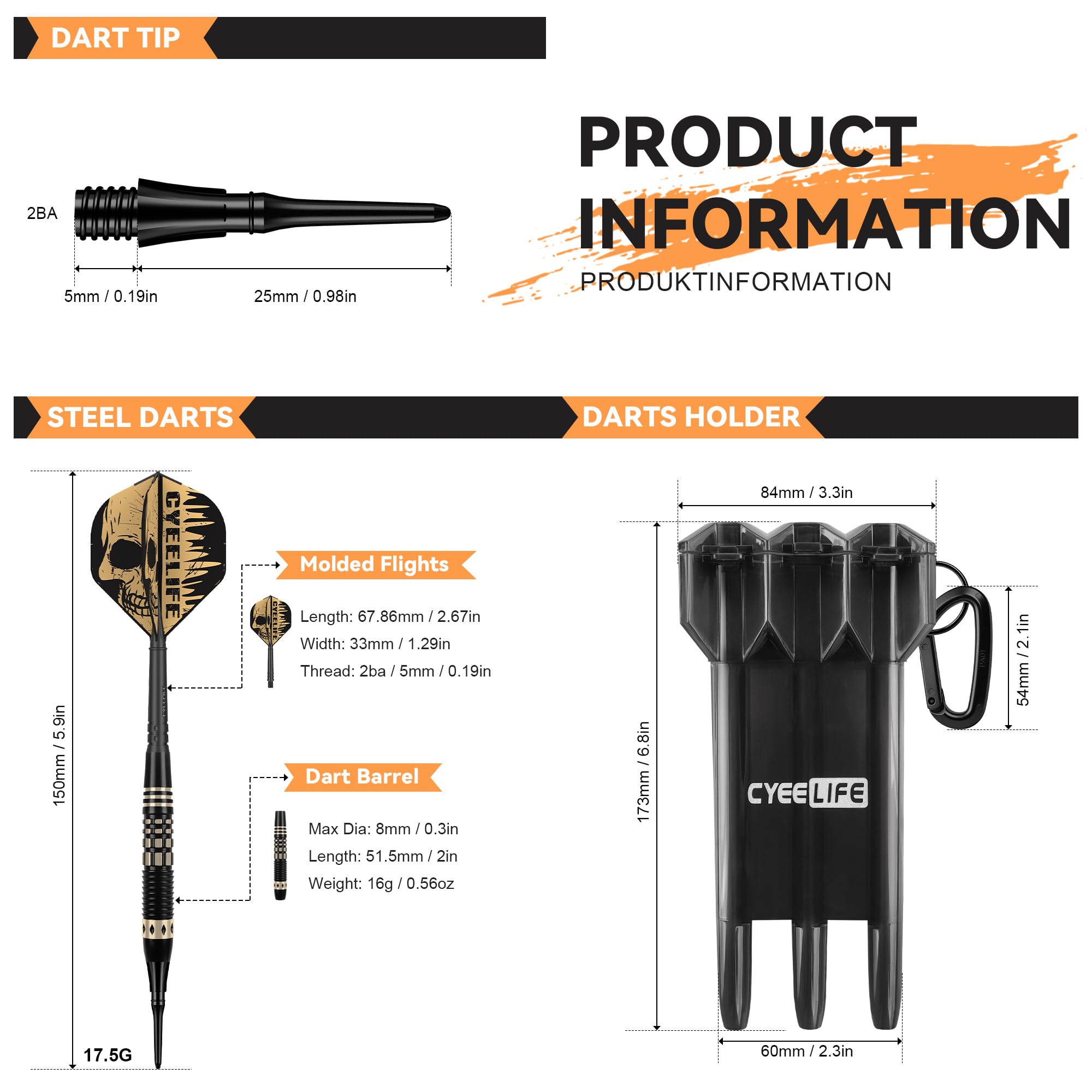 CyeeLife Fléchettes Soft-Darts 16g 3 pièces avec Pointe Plastique, Flights et Tiges, Sac de Transport