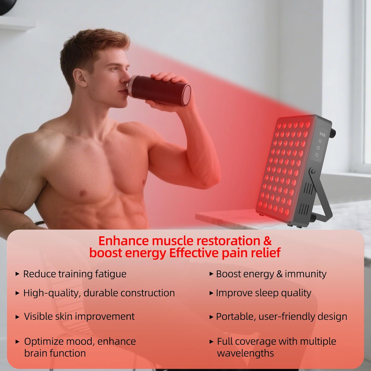 Red Light Therapy Panel for Body and Face, 660nm Red 850nm and Near Infrared Panel Built-in Timer, 60 LEDs High Power, Promote Sleep, Improve The Body, Relieve Muscle Fatigue（E300-Black) - Image 4