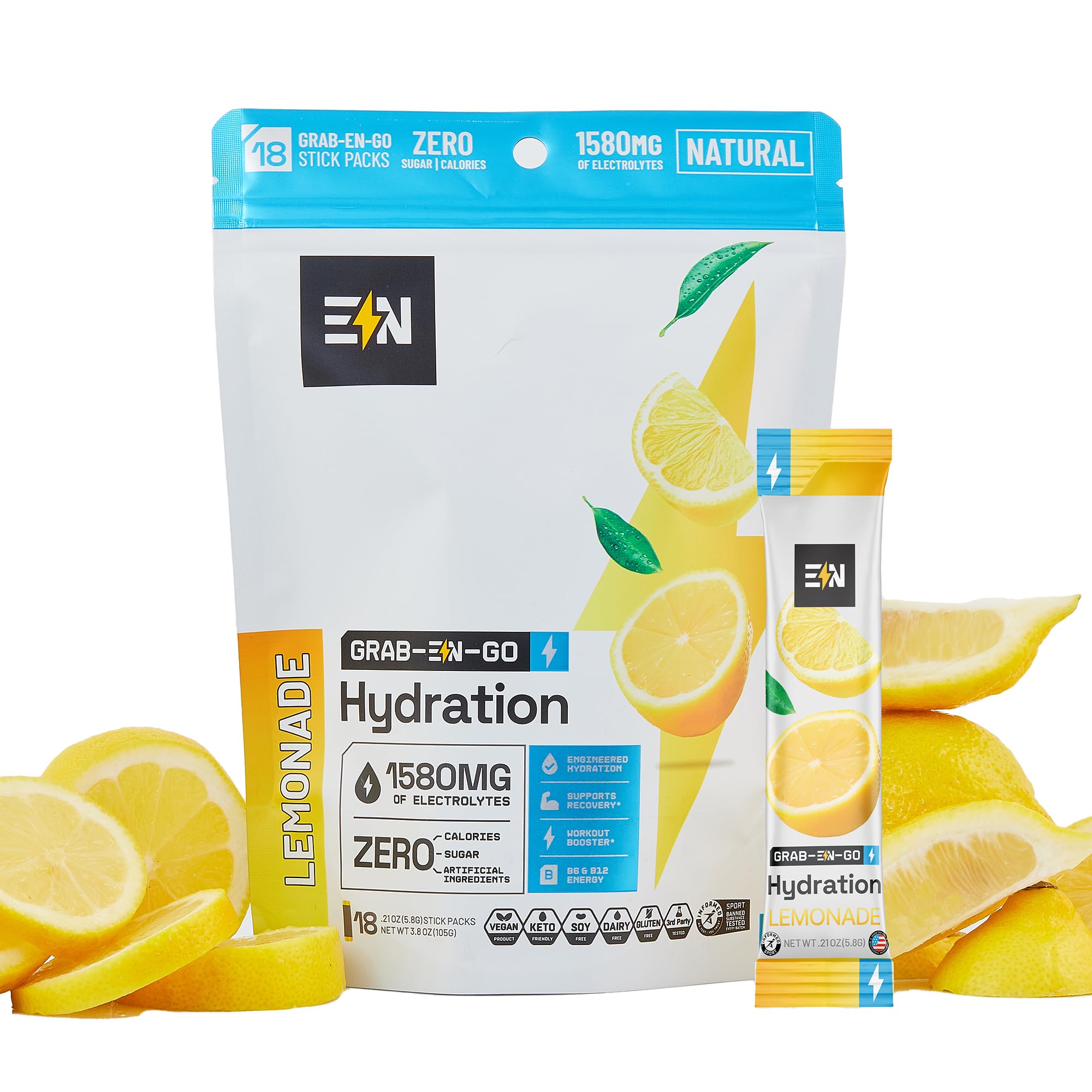 Engineered Nutrition Sugar-Free Electrolyte Powder Packets - Lemonade Flavor - Keto Hydration Packets w/Magnesium, Potassium & Sodium - Zero Calorie, Vegan, Non-GMO, Gluten-Free - 18 Single Servings