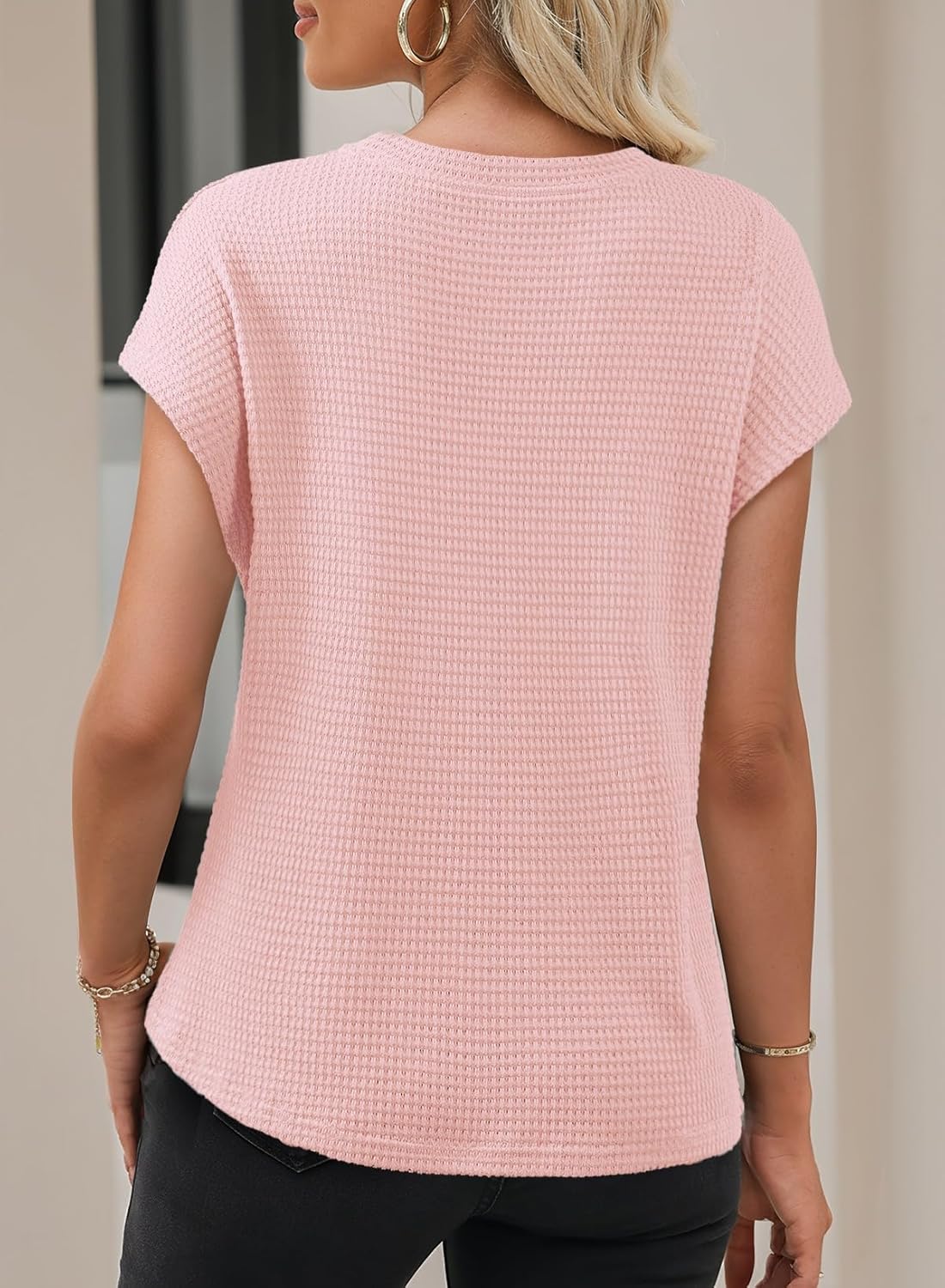 Dokotoo Womens Summer Tops 2026 Crewneck Waffle Knit Cap Sleeve Shirts Casual Loose Twist Knot Tunic Blouses - Image 6