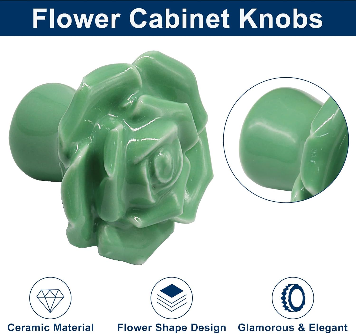 Piutouyar 2 Pcs Rose Flower Drawer Knobs, Green Ceramic Cabinet Knobs, Vintage Floral Dresser Pull Handles for Kitchen, Cabinet, Drawer, Dresser, Cupboard, Wardrobe Decor