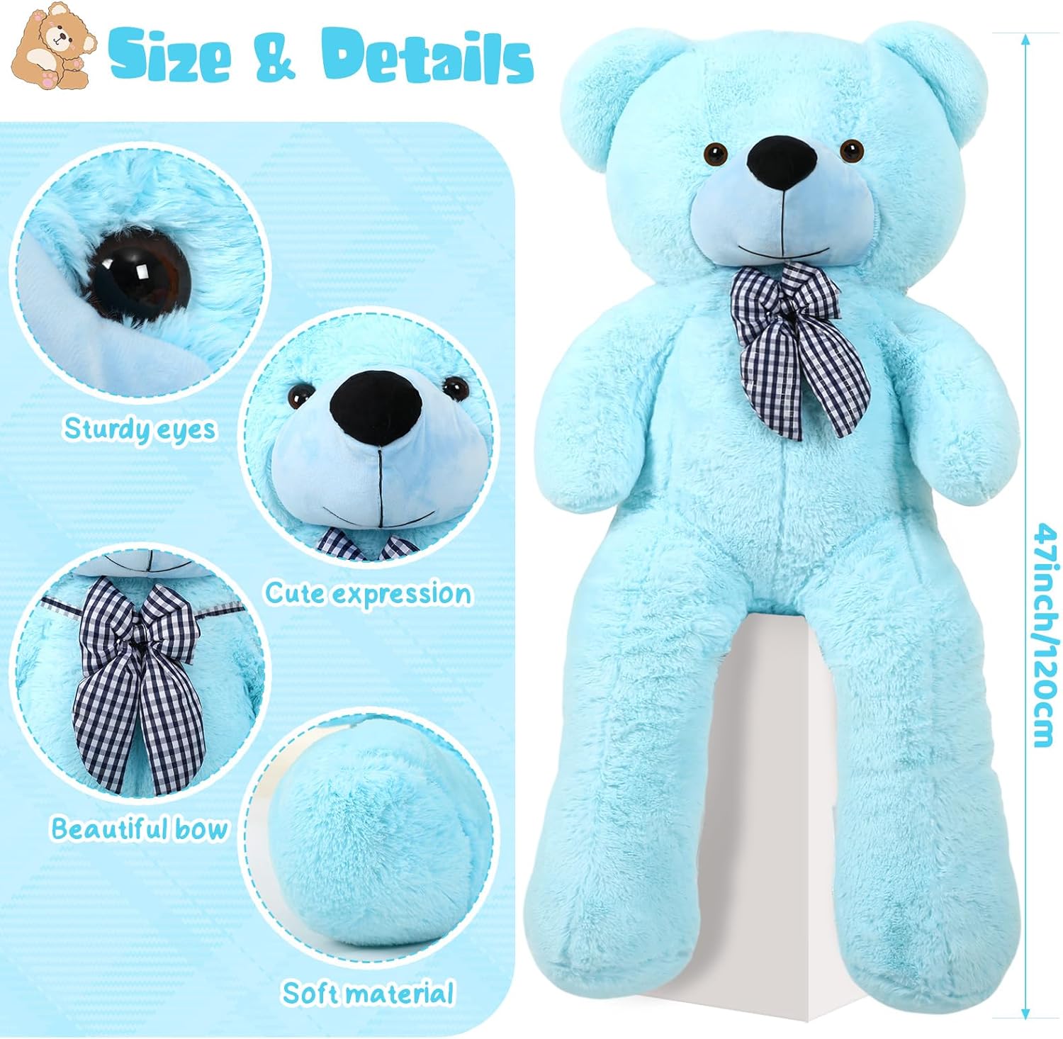 soulchen 47 inches giant bear stuffed animal soft large bear plush oversized valentines stuffed toys with bow for boys girls birthday gift baby shower party favors(sky blue)