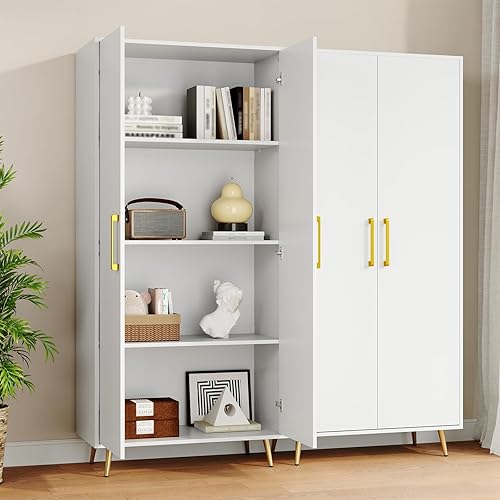 LYNSOM Juego de 2 gabinetes de almacenamiento altos, armario de despensa de cocina independiente con estante y puertas ajustables, acento de