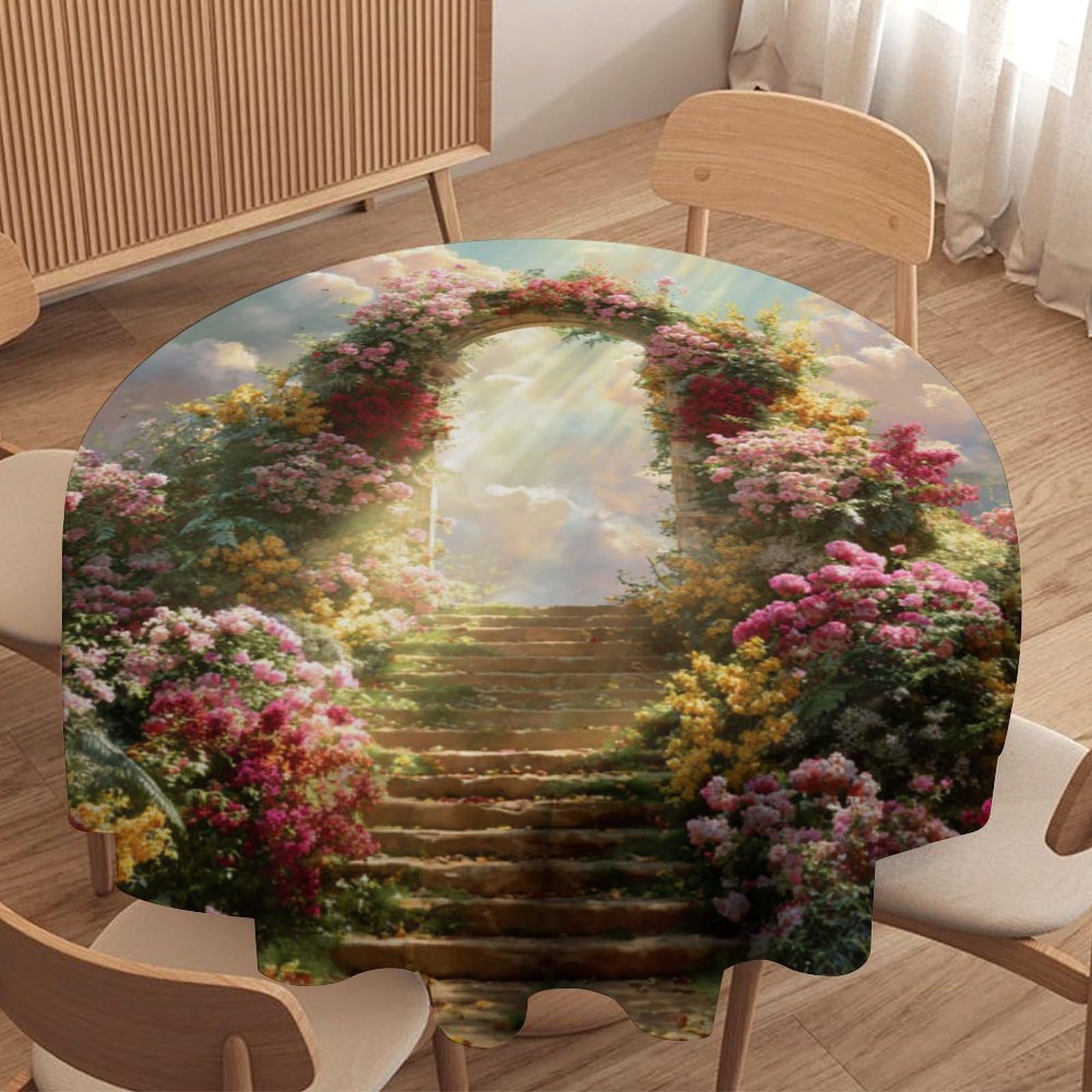 LUYYSKY Beautiful Fantasy Castle Floral Arch Waterproof Round Tablecloth Colorful Abstract Spring Garden Flower Plant Print Washable Table Cover for Kitchen-177.8" Wx177.8 L cm