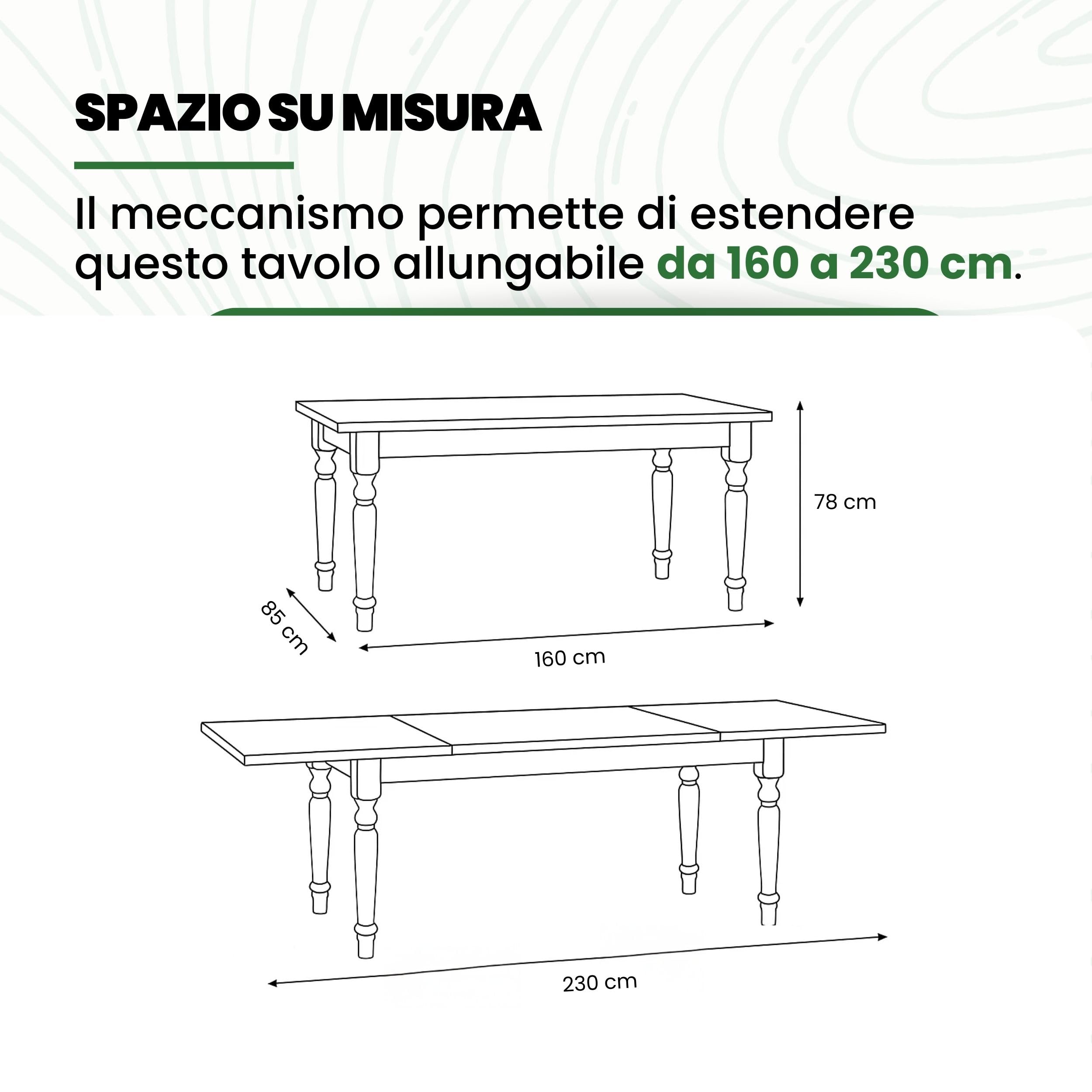 Mar.c.a. Design - Tavolo Rettangolare Allungabile fino a 230 cm., con gambe Tornite, Legno Massello, Noce scuro, Arte Povera, con 2 Allunghe da 35 cm. - Mis. 160X85X80 cm.