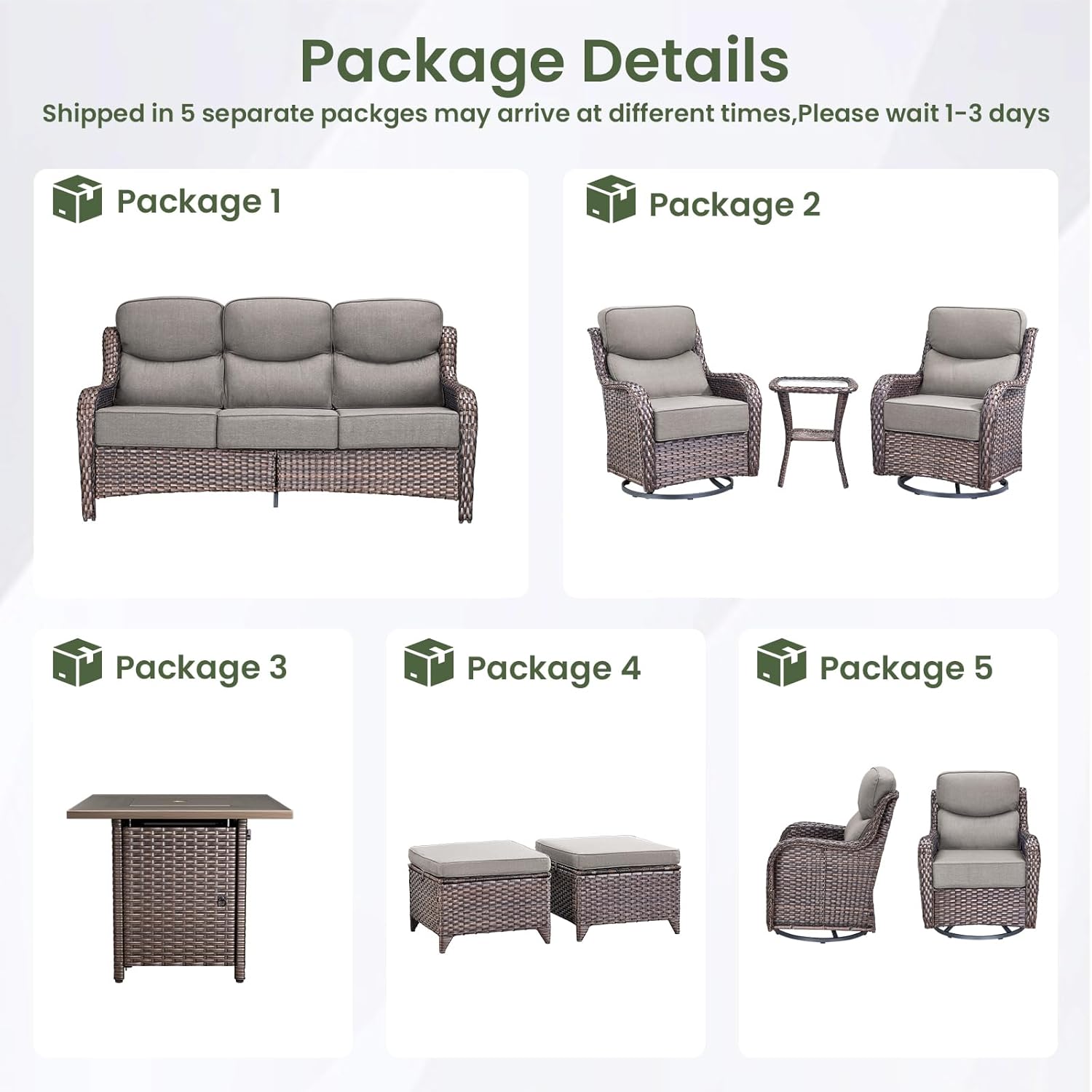 Luxury Patio Furniture Set with 6-inch Thick Cushion, Outdoor Furniture with Fire Pit Table, Swivel Chairs, Sofa, Side Table, Ottomans, 9pcs Wicker Conversation Set for Deck Yard and Poolside(Grey)