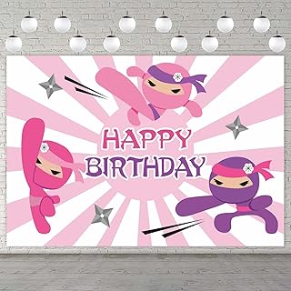 Samurai Happy Birthday Banner Backdrop Background Photo Booth Props Flag Kit Pink Warrior Theme Decor for Girls Princess 1st Birthday Party Baby Shower Favors Supplies Decorations
