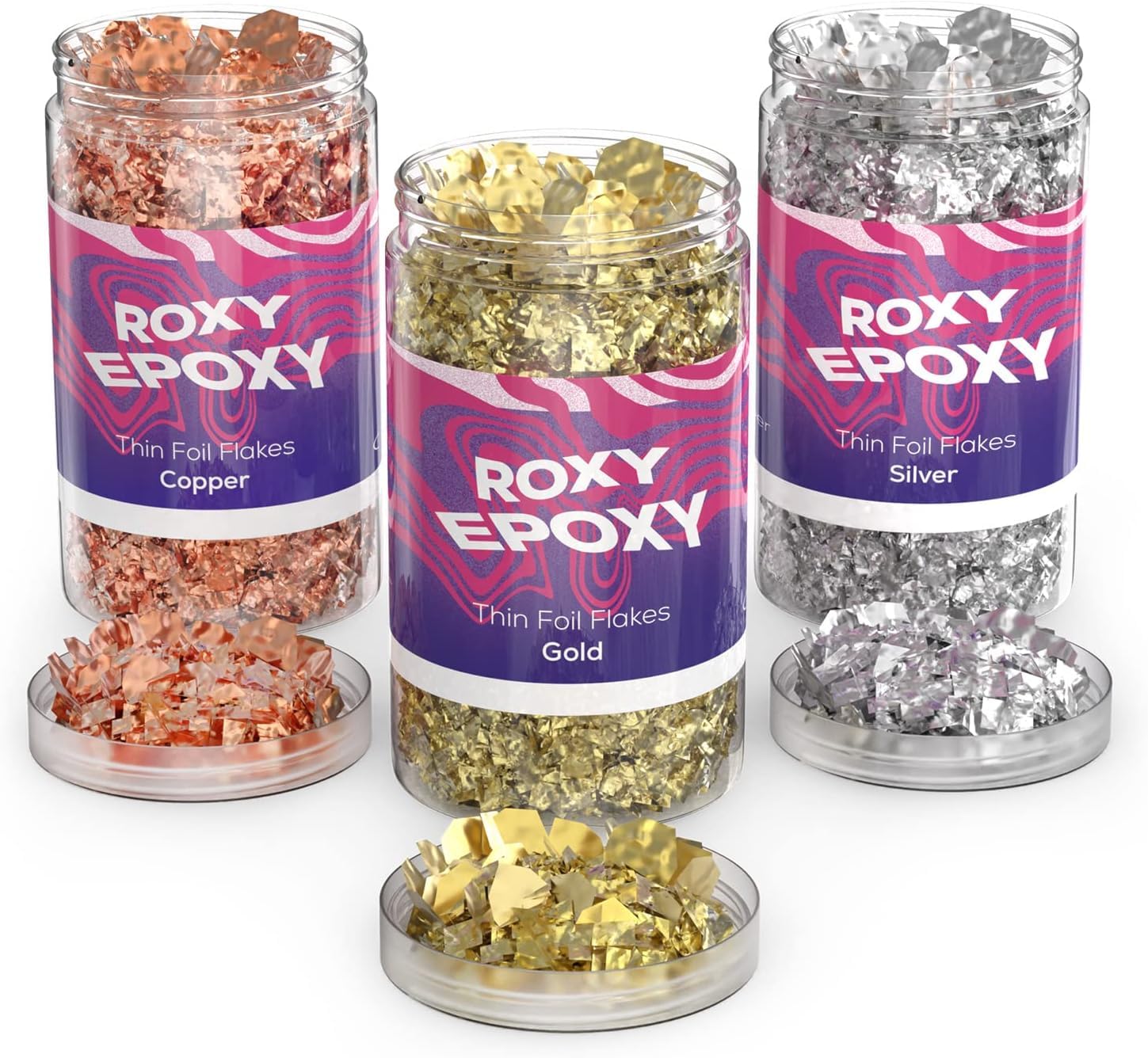 Roxy Epoxy Gold Silver Copper Metallic Foil Flakes for DIY Craft and Nails Art - Gilding Leaf Set for Crafts, Decorations and Professional Arts - 3 Jars 0.35 Oz