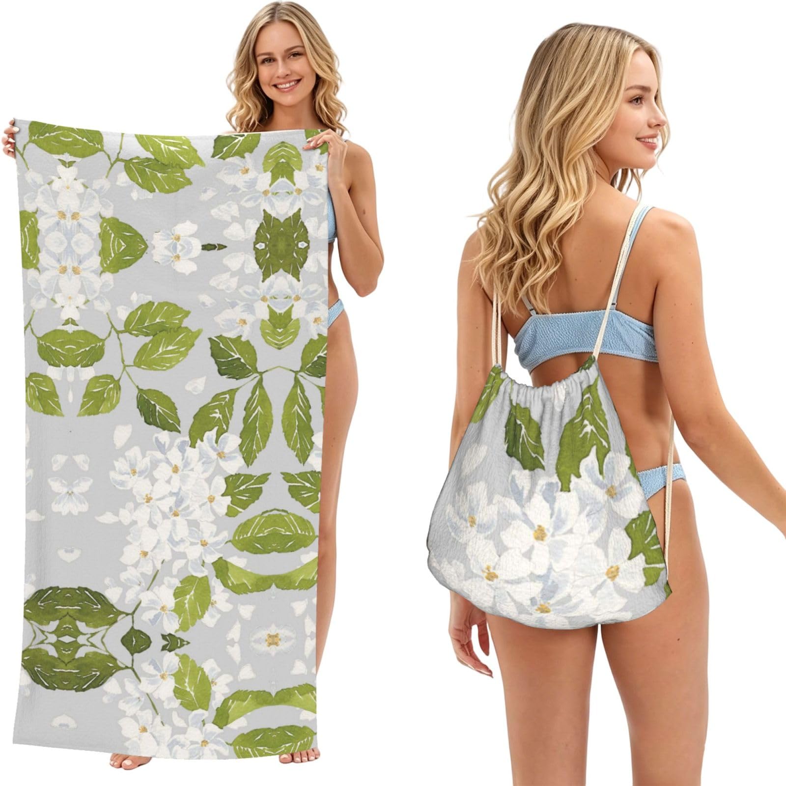 ESNAIUVCD White Flower And Green Leaves Print Beach Towel For Adults,Towel With Drawstring Bag, Travel Pool Swimming Sports Shower Sand Free Quick