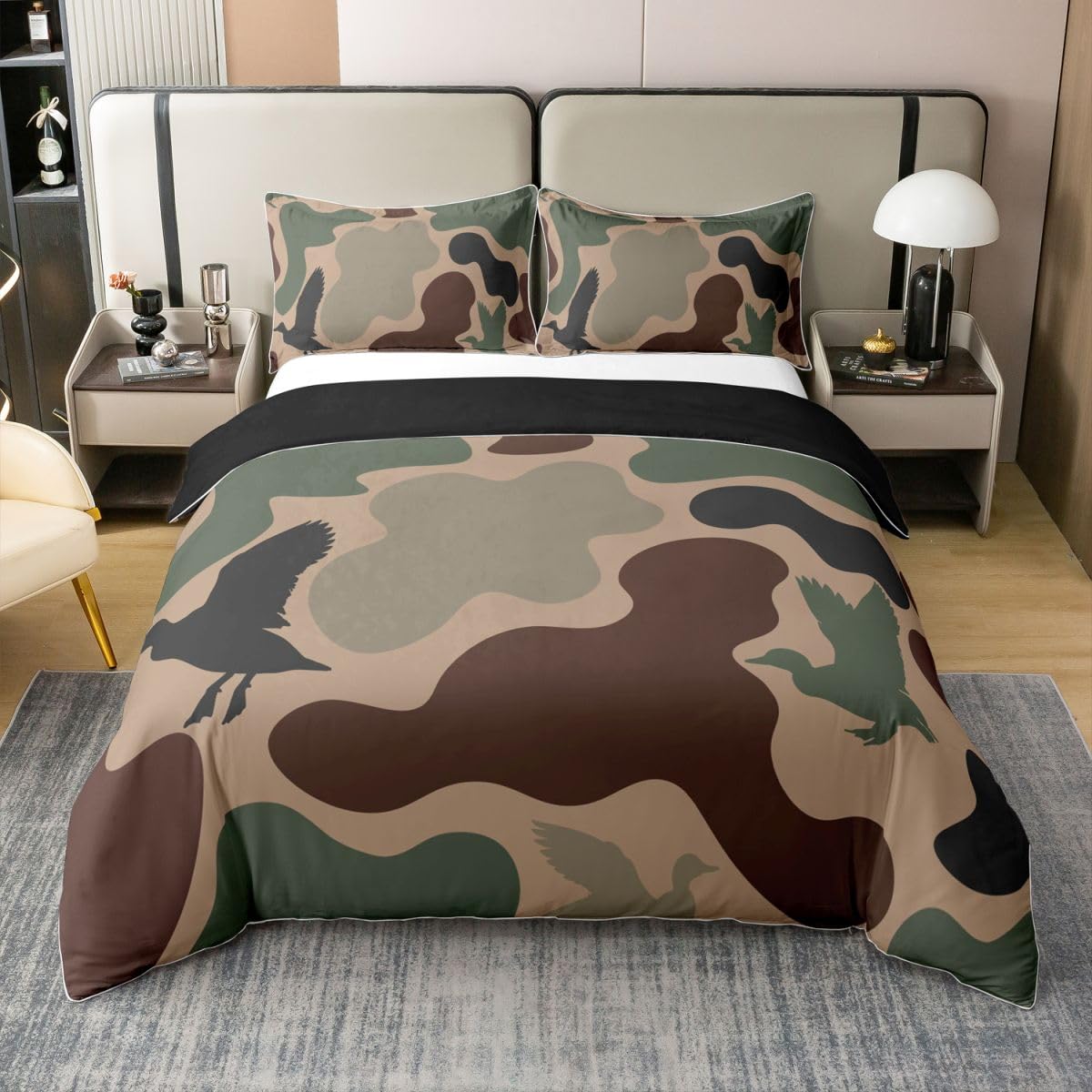 Housse de couette chasse au canard motif camouflage vert en coton naturel 100% - Lot de 2 Taille S