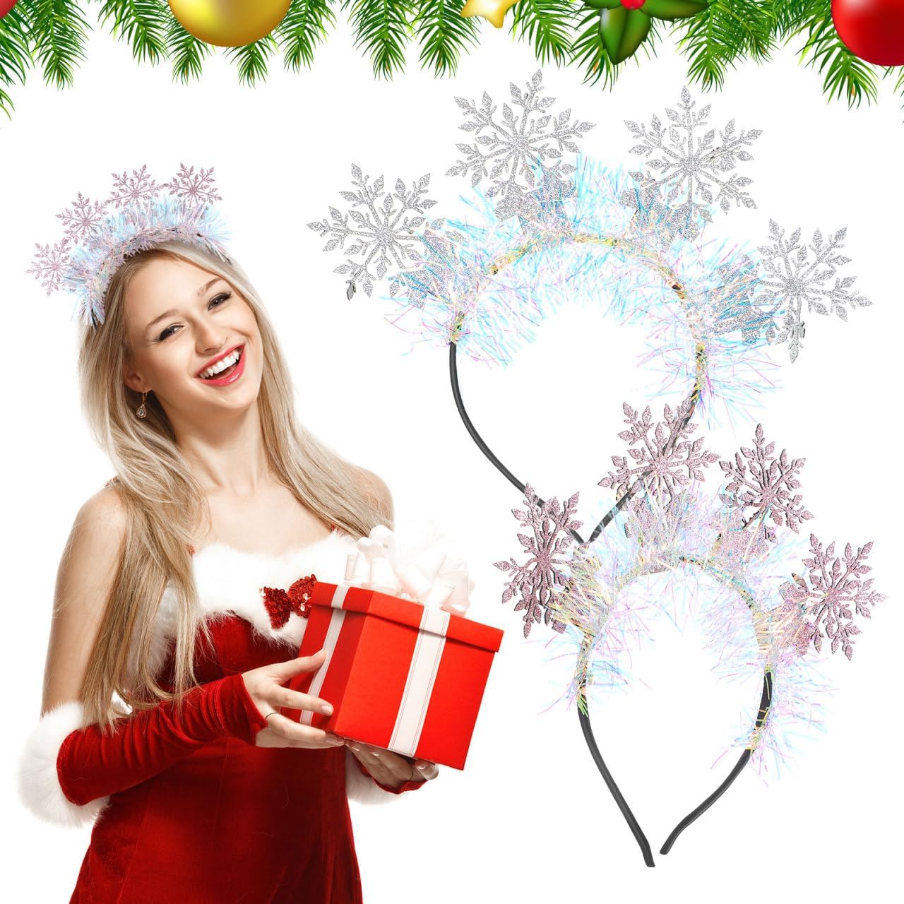 DOITOOL 2 Pcs Snowflake Headband Christmas Headbands Glitter Holiday Hair Accessories for Women And Kids Xmas Party Supplies