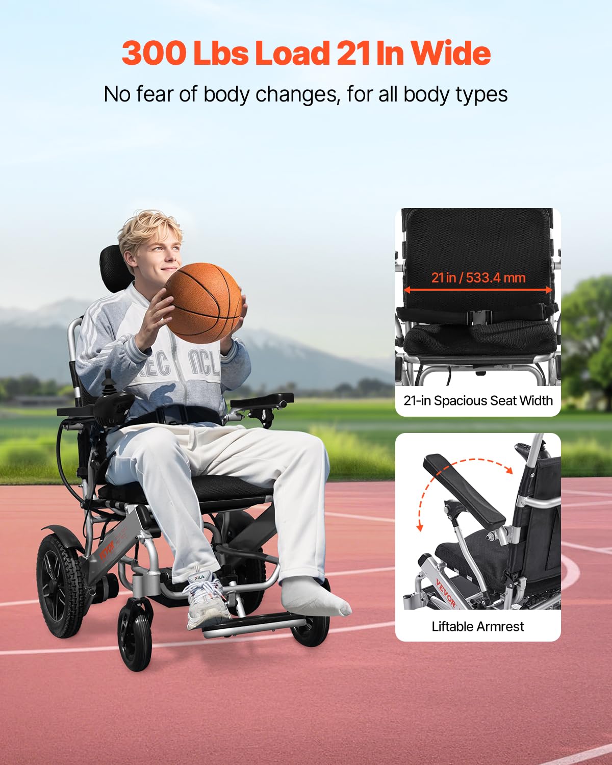 VEVOR Silla de Ruedas Eléctrica para Adultos Capacidad de 136 kg Respaldo Ajustable Plegable Ligera Motorizada Autonomía de 21 km Asiento de 53 cm Todoterreno para Personas Mayores, Discapacitadas