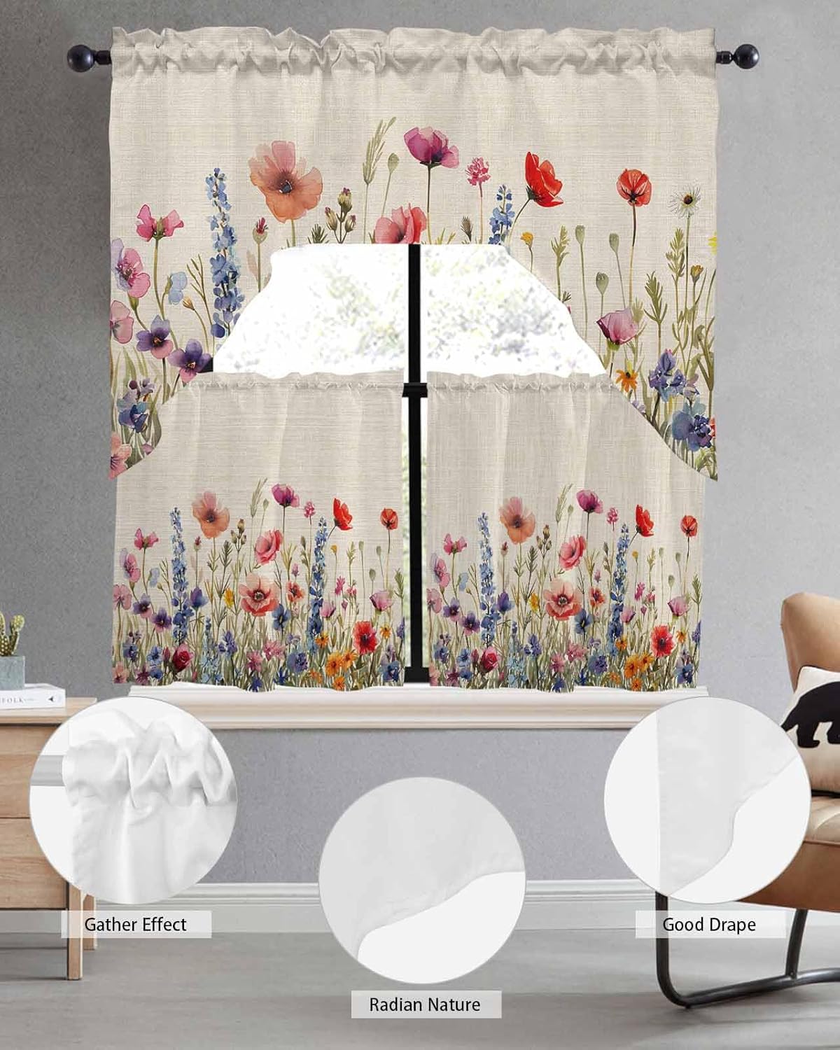 Blue Spring Flower Kitchen Curtains Swag Valance and Tier Curtains Set 36 Inch Length, Rod Pocket Drape Panels Swag Curtains for Bathroom/Cafe/Window Farmhouse Floral Retro Summer Botanical Leaves