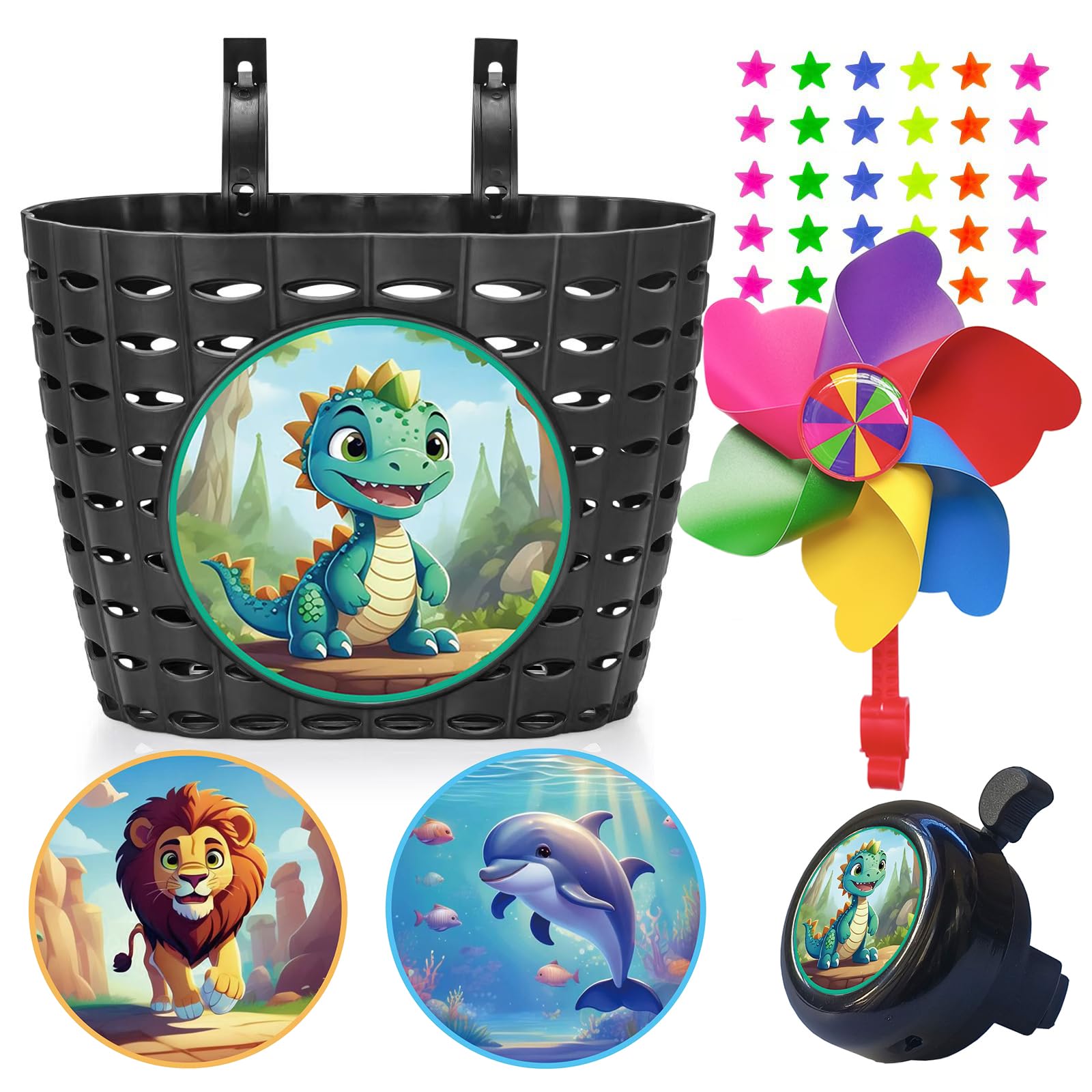 Kids Bike Basket,Children Bicycle Handlebar Basket with Stickers,Bike Bell,Windmill and Bicycle Wheel Beads,Bike Decoration Accessories for Girls Boys