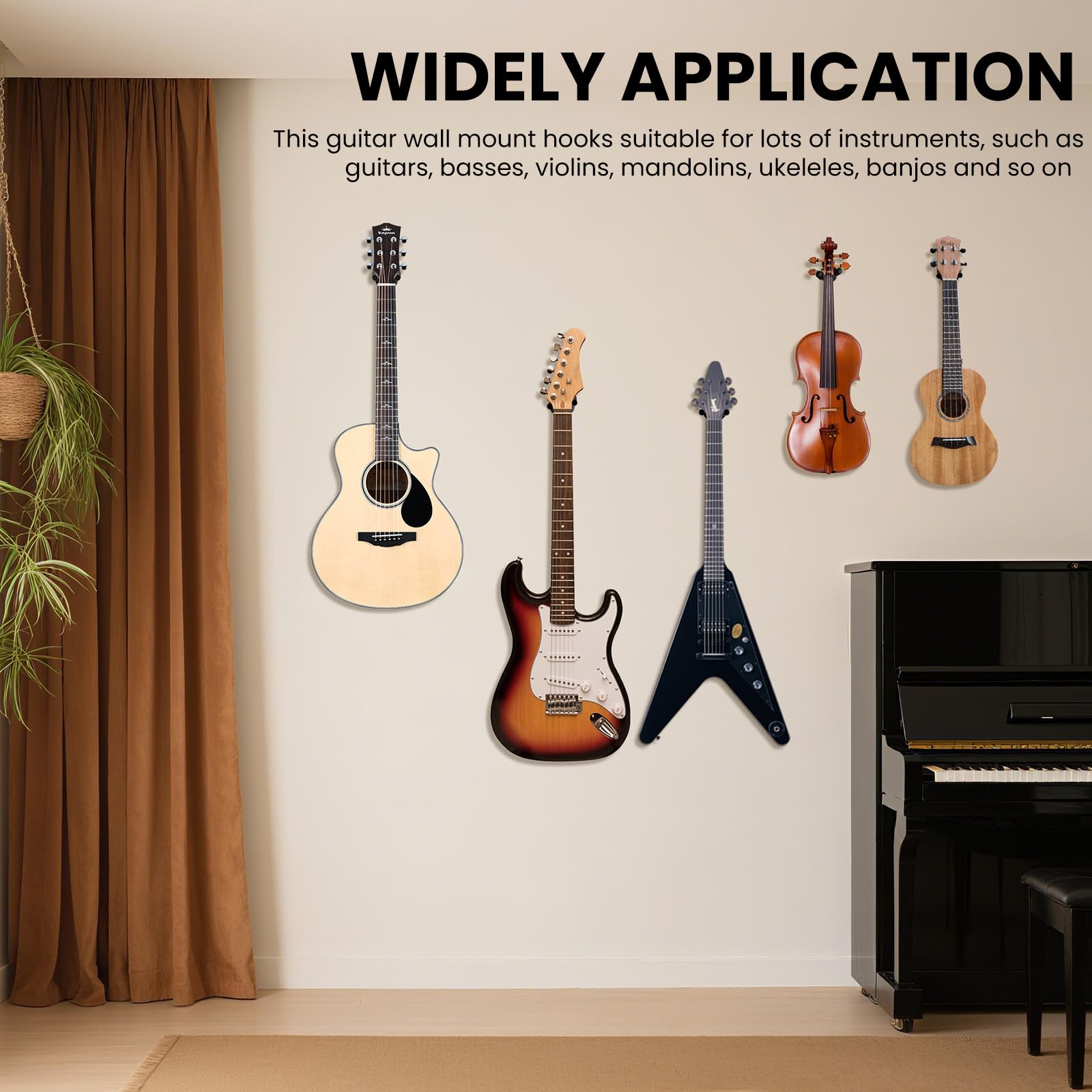 Uchwyt ścienny do gitary, uchwyt ścienny do gitary w kształcie litery U, wieszak na ukulele, uchwyt na hak stojak na gitarę, nadaje się do basu, gitary, ukulele, zawiera czterokolorowe kostki